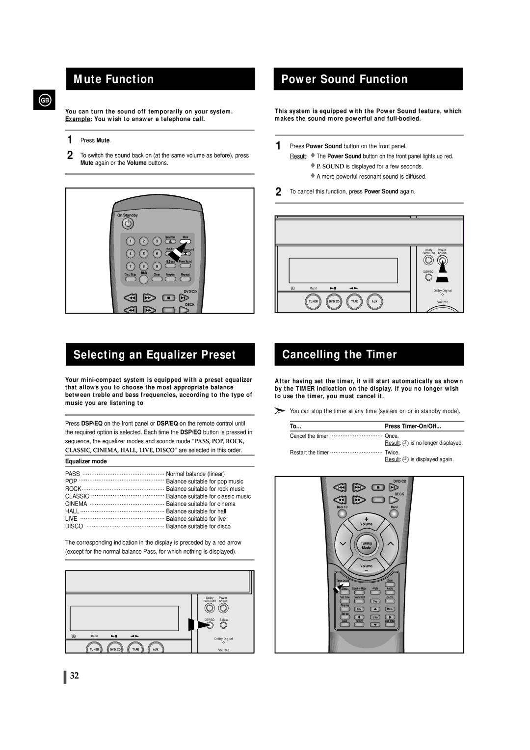 Samsung MAXDN83RH/ELS manual Mute Function Power Sound Function, Selecting an Equalizer Preset, Cancelling the Timer 