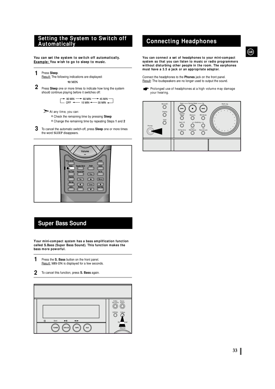 Samsung MAXDN87RH/ELS manual Super Bass Sound, Connecting Headphones, Setting the System to Switch off Automatically 