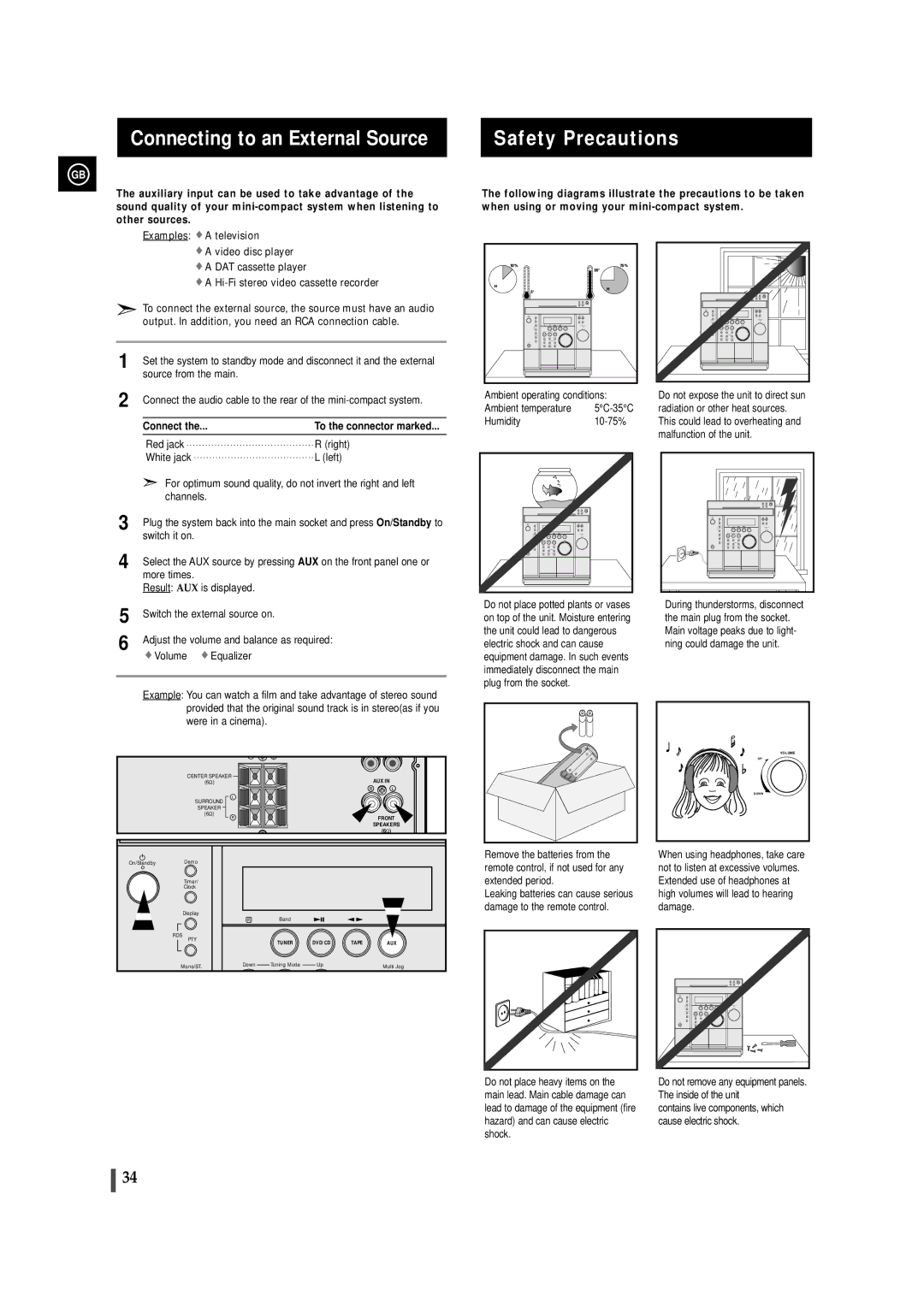 Samsung MAXDN83RH/ELS, MAXDN87RH/ELS manual Connecting to an External Source Safety Precautions 