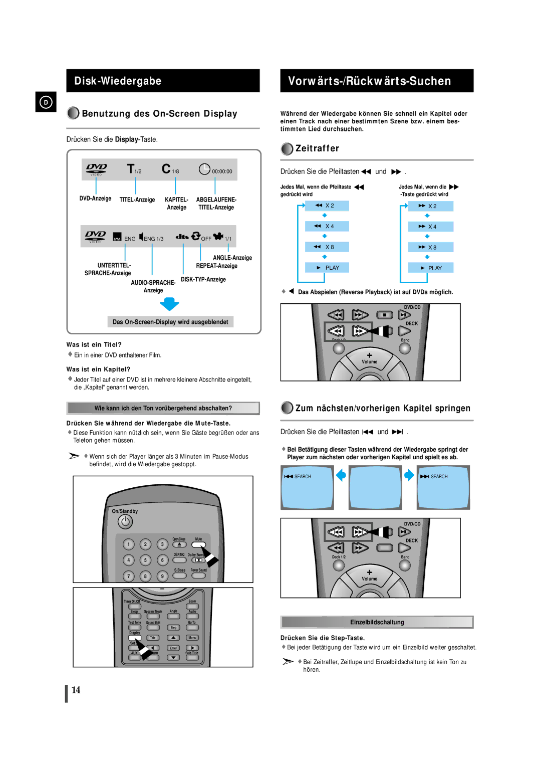 Samsung MAXDN87RH/ELS manual Vorwärts-/Rückwärts-Suchen, Disk-Wiedergabe, Benutzung des On-Screen Display, Zeitraffer 