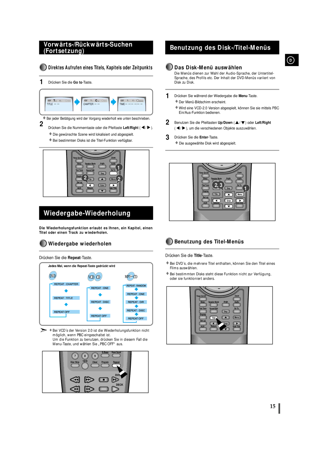 Samsung MAXDN87RH/ELS manual Wiedergabe-Wiederholung, Vorwärts-/Rückwärts-Suchen, Fortsetzung 