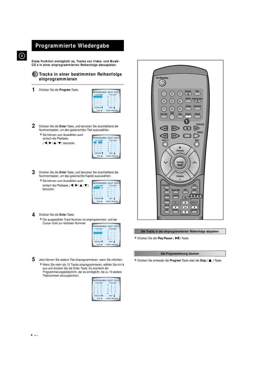 Samsung MAXDN87RH/ELS manual Programmierte Wiedergabe, Tracks in einer bestimmten Reihenfolge einprogrammieren 