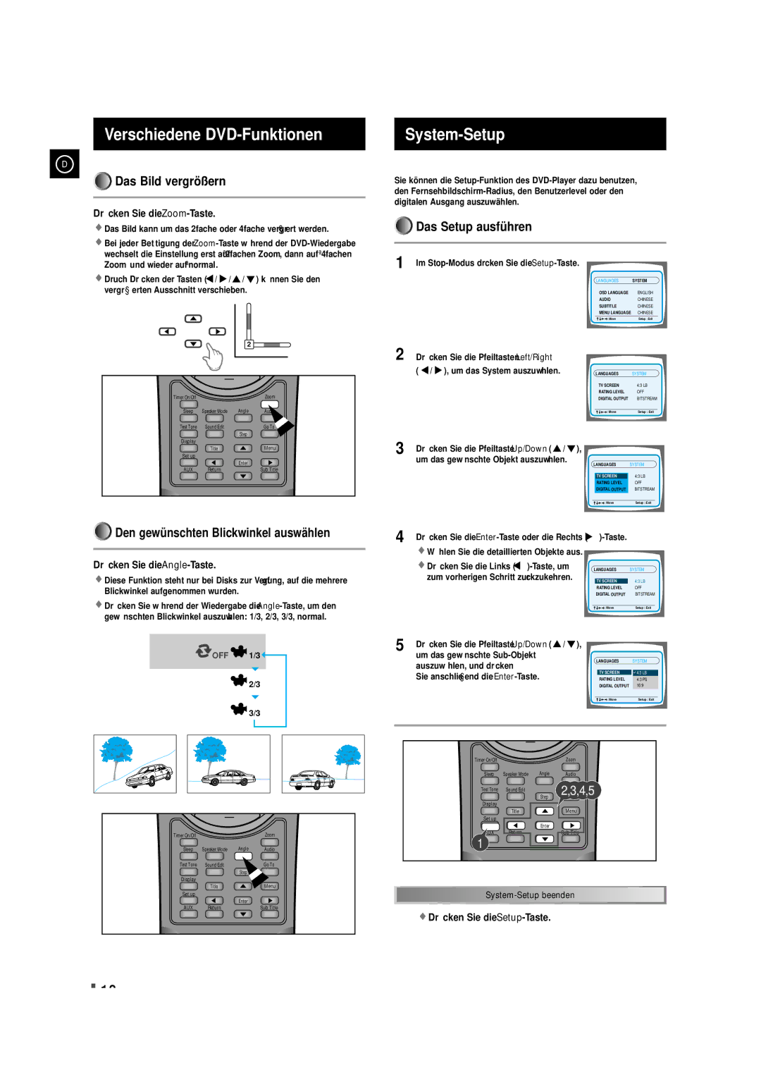 Samsung MAXDN87RH/ELS manual Verschiedene DVD-Funktionen, System-Setup, Das Bild vergrößern, Das Setup ausführen 