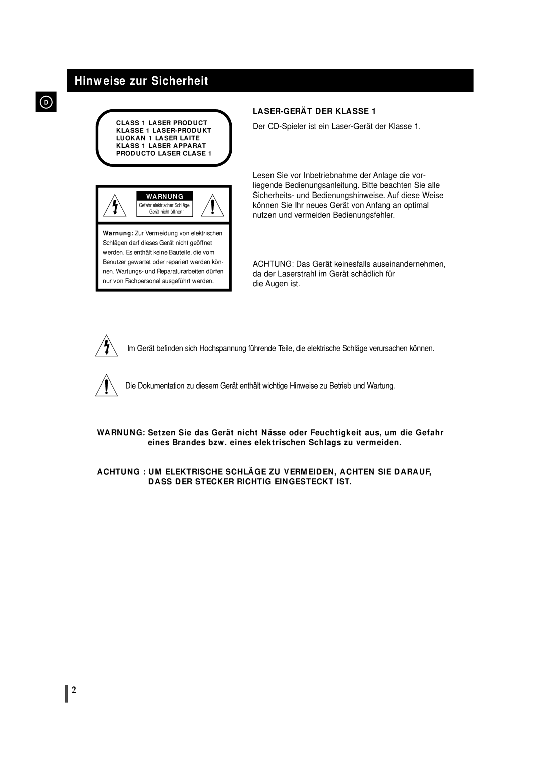 Samsung MAXDN87RH/ELS manual Hinweise zur Sicherheit, LASER-GERÄT DER Klasse 