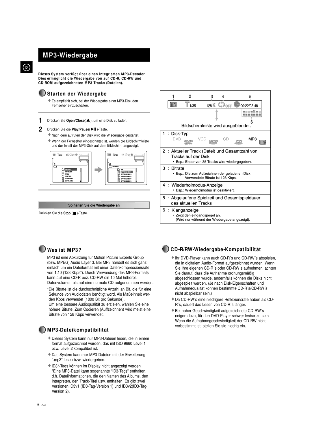 Samsung MAXDN87RH/ELS manual MP3-Wiedergabe, Starten der Wiedergabe, Was ist MP3?, MP3-Dateikompatibilität 