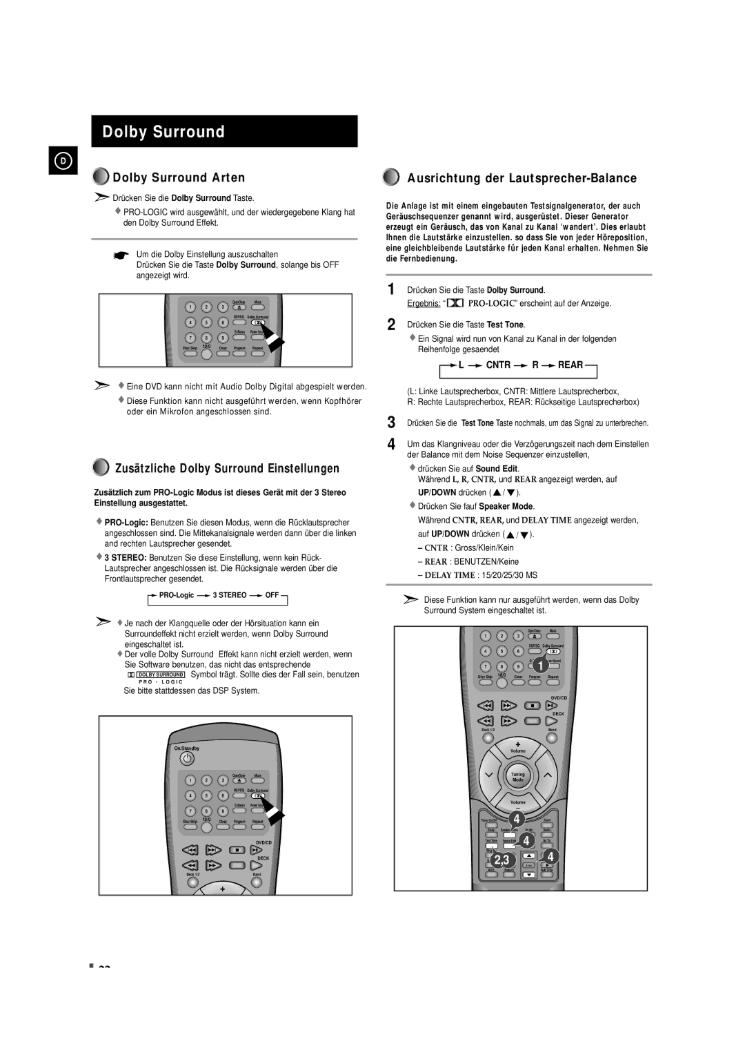 Samsung MAXDN87RH/ELS manual Dolby Surround Arten, Zusätzliche Dolby Surround Einstellungen 