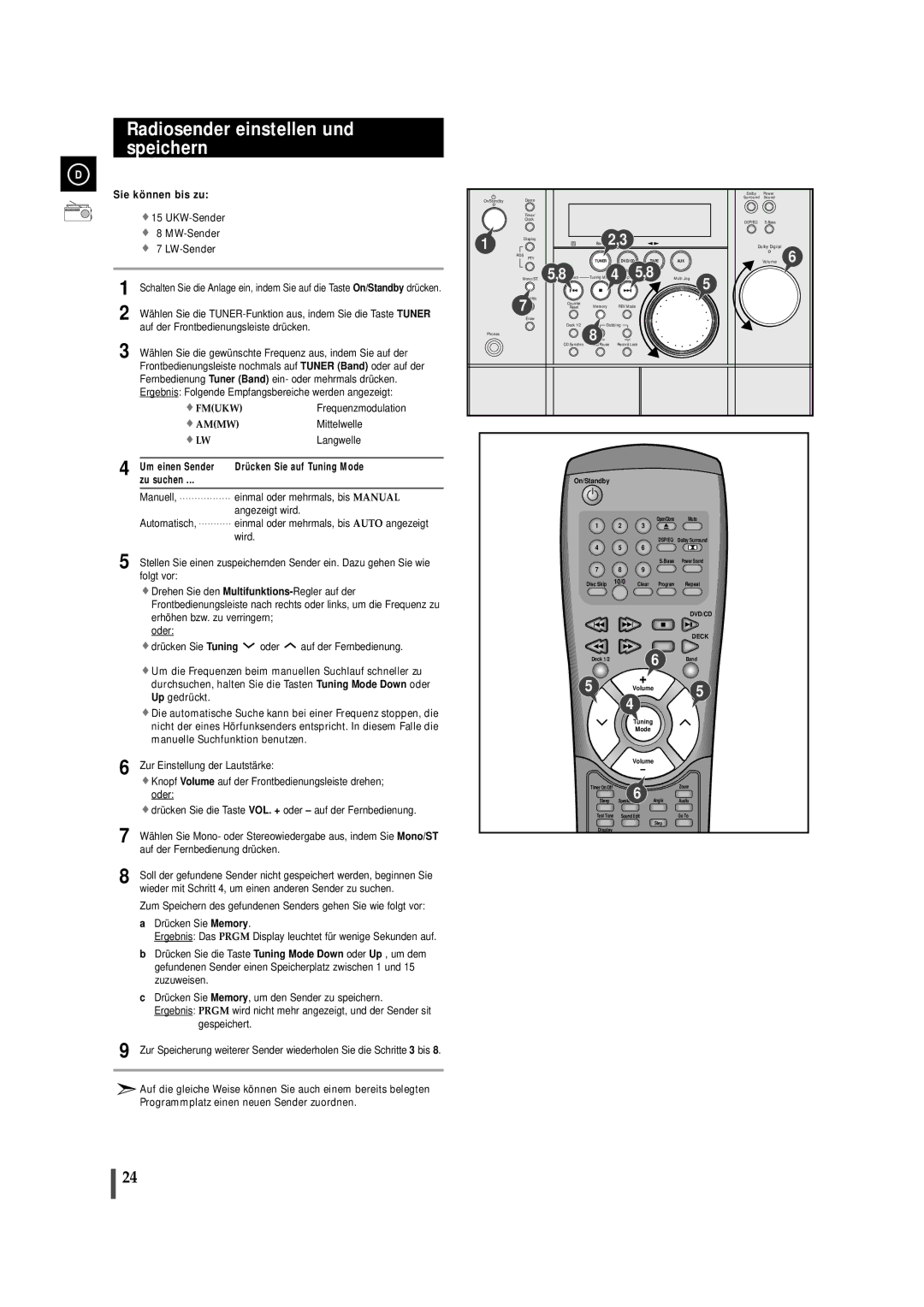 Samsung MAXDN87RH/ELS manual Radiosender einstellen und speichern, Searching for and Storing the Radio Stations 