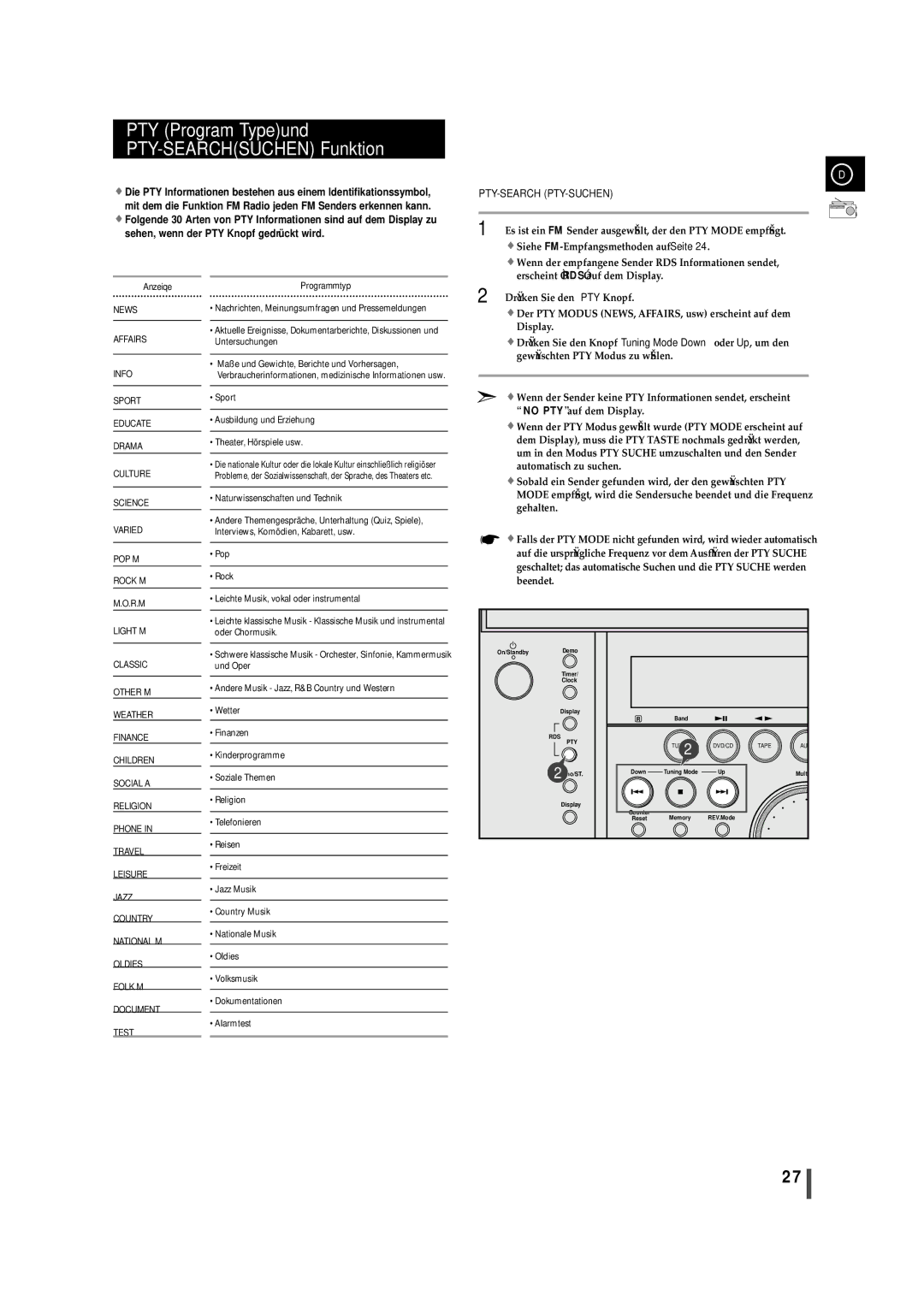 Samsung MAXDN87RH/ELS manual PTY Program Typeund PTY-SEARCHSUCHEN Funktion 