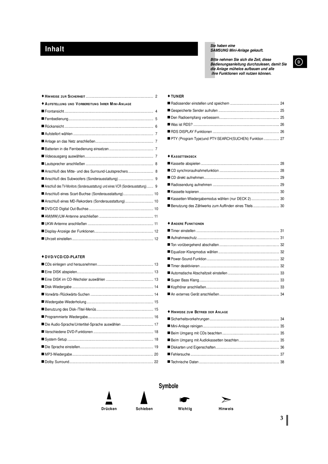 Samsung MAXDN87RH/ELS manual Inhalt, Drücken Schieben Wichtig 