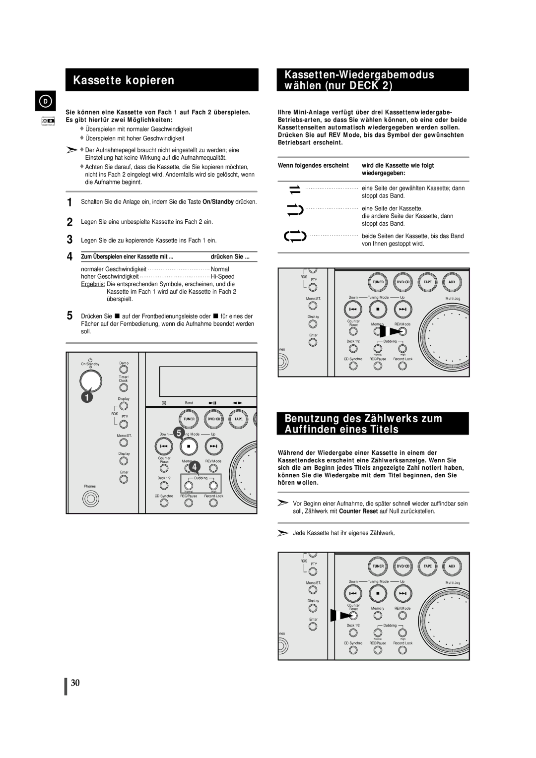 Samsung MAXDN87RH/ELS manual Kassette kopieren, Kassetten-Wiedergabemodus wählen nur Deck 