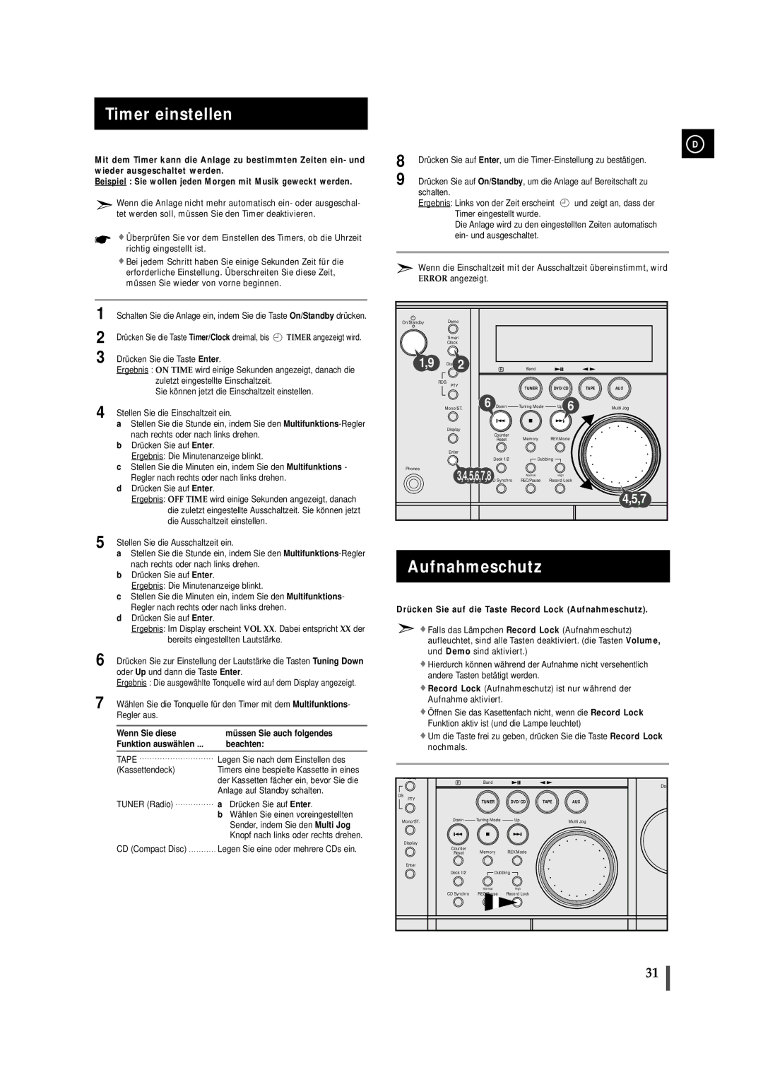 Samsung MAXDN87RH/ELS manual Timer einstellen, Aufnahmeschutz, Wenn Sie diese Mü ssen Sie auch folgendes, Beachten 