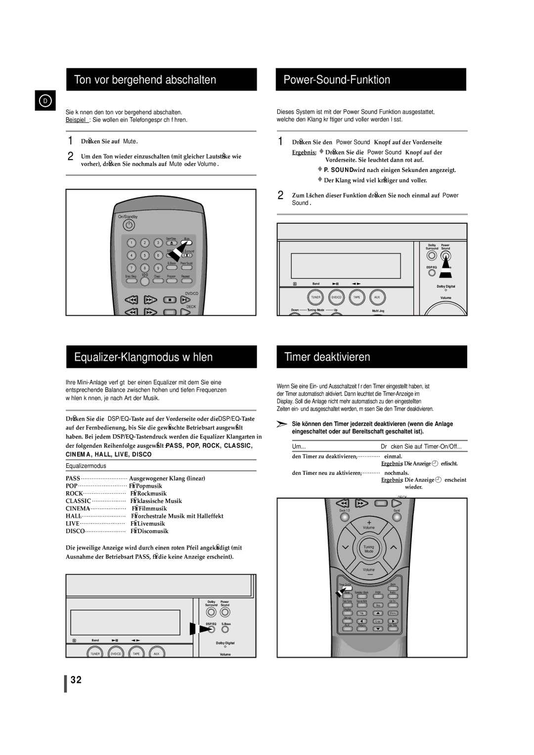 Samsung MAXDN87RH/ELS Ton vorübergehend abschalten Power-Sound-Funktion, Equalizer-Klangmodus wählen Timer deaktivieren 