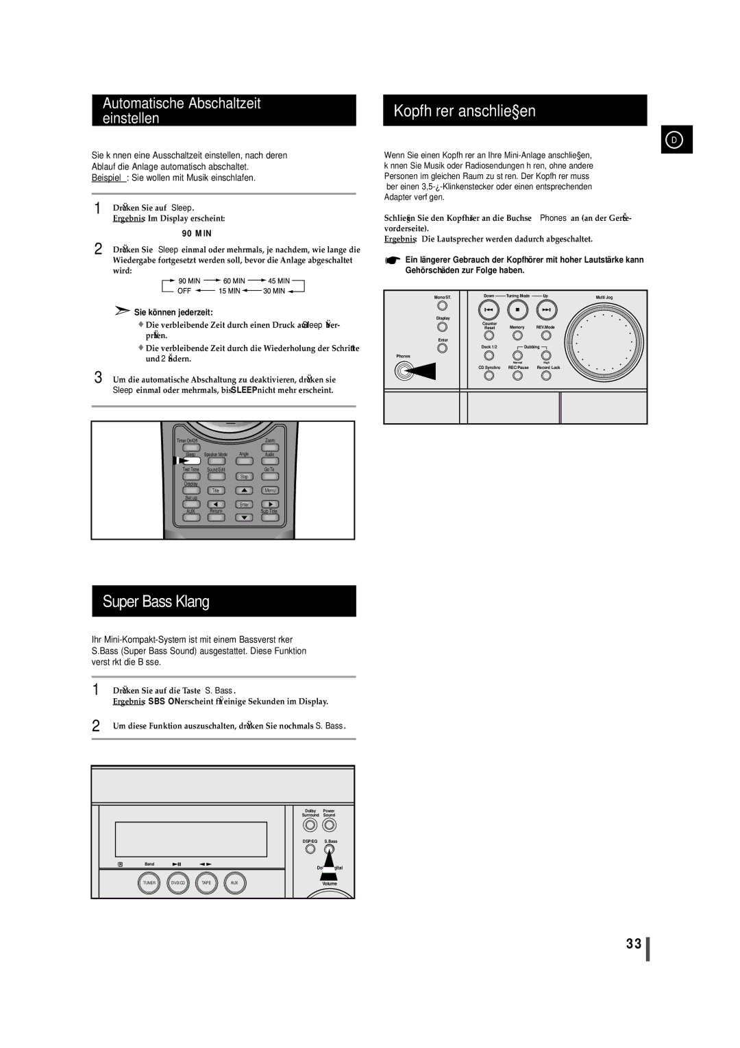 Samsung MAXDN87RH/ELS manual Kopfhörer anschließen, Super Bass Klang, Automatische Abschaltzeit einstellen 