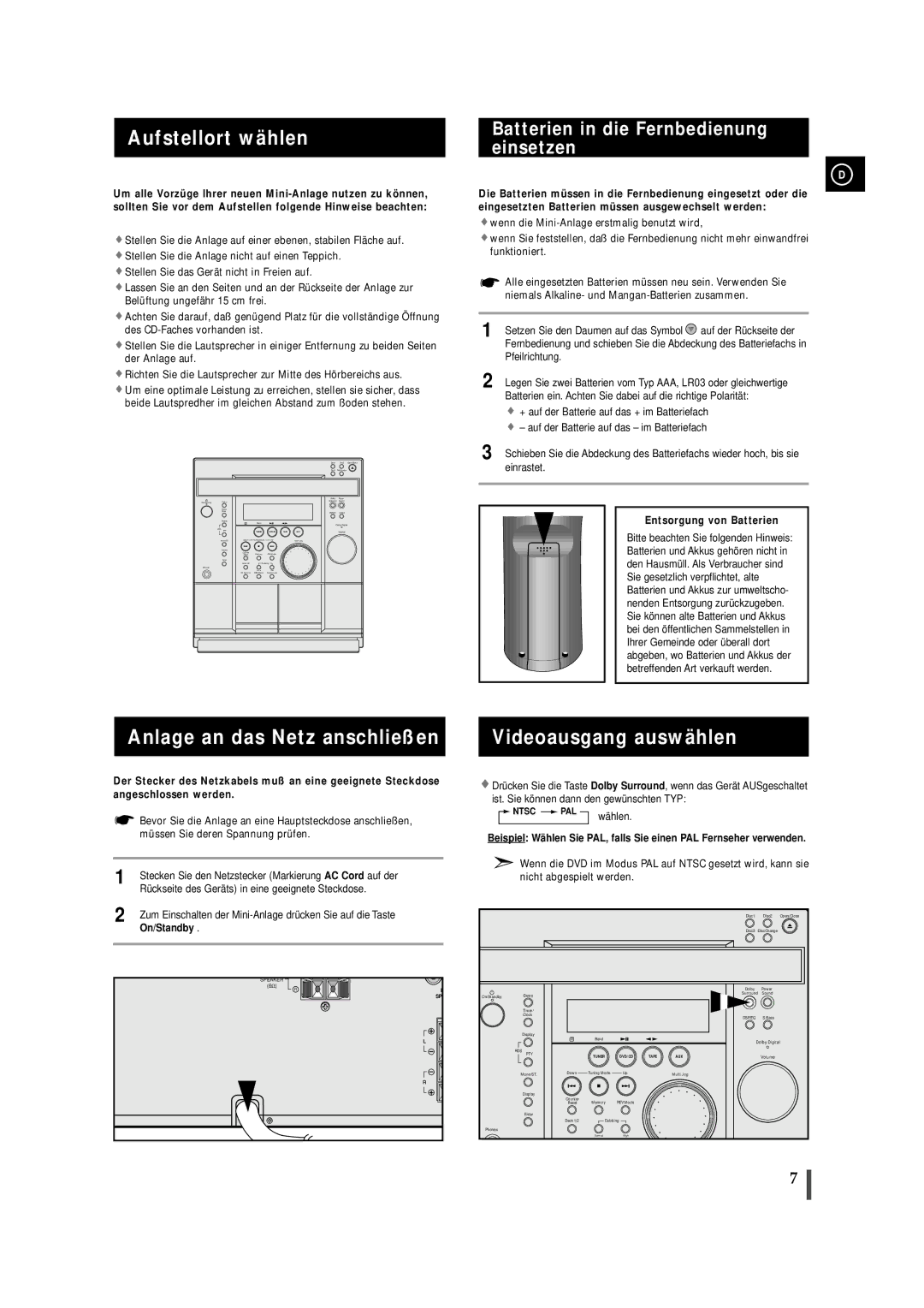 Samsung MAXDN87RH/ELS manual Aufstellort wählen, Anlage an das Netz anschließen, Videoausgang auswählen, On/Standby 