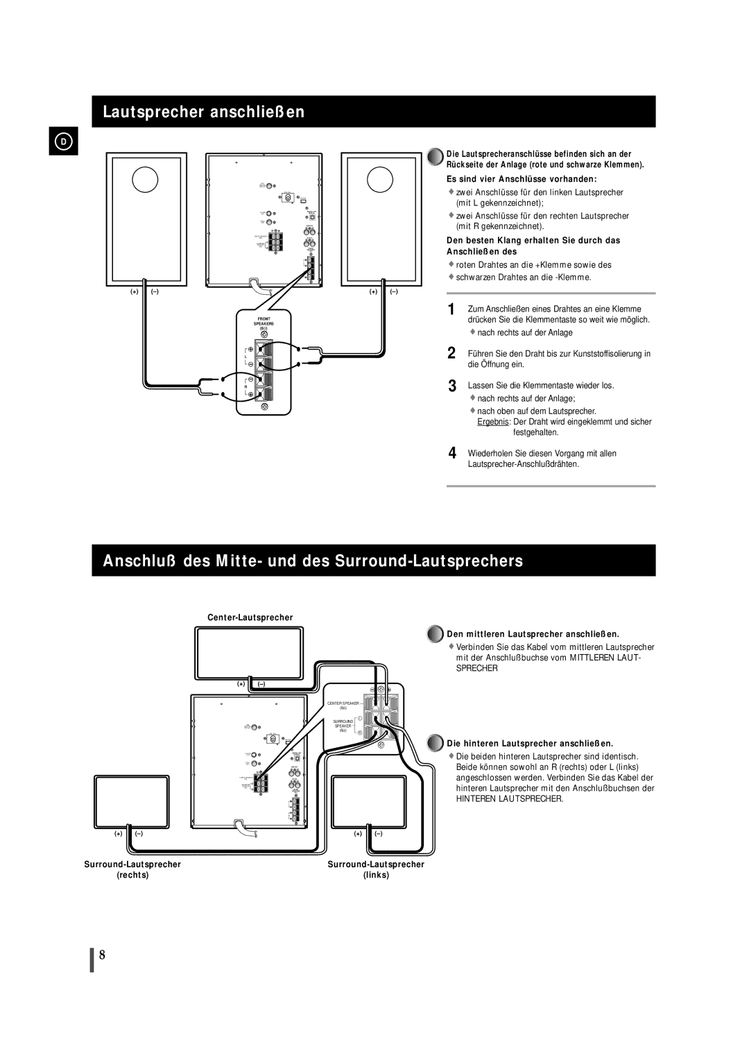 Samsung MAXDN87RH/ELS manual Lautsprecher anschließen, Anschluß des Mitte- und des Surround-Lautsprechers 