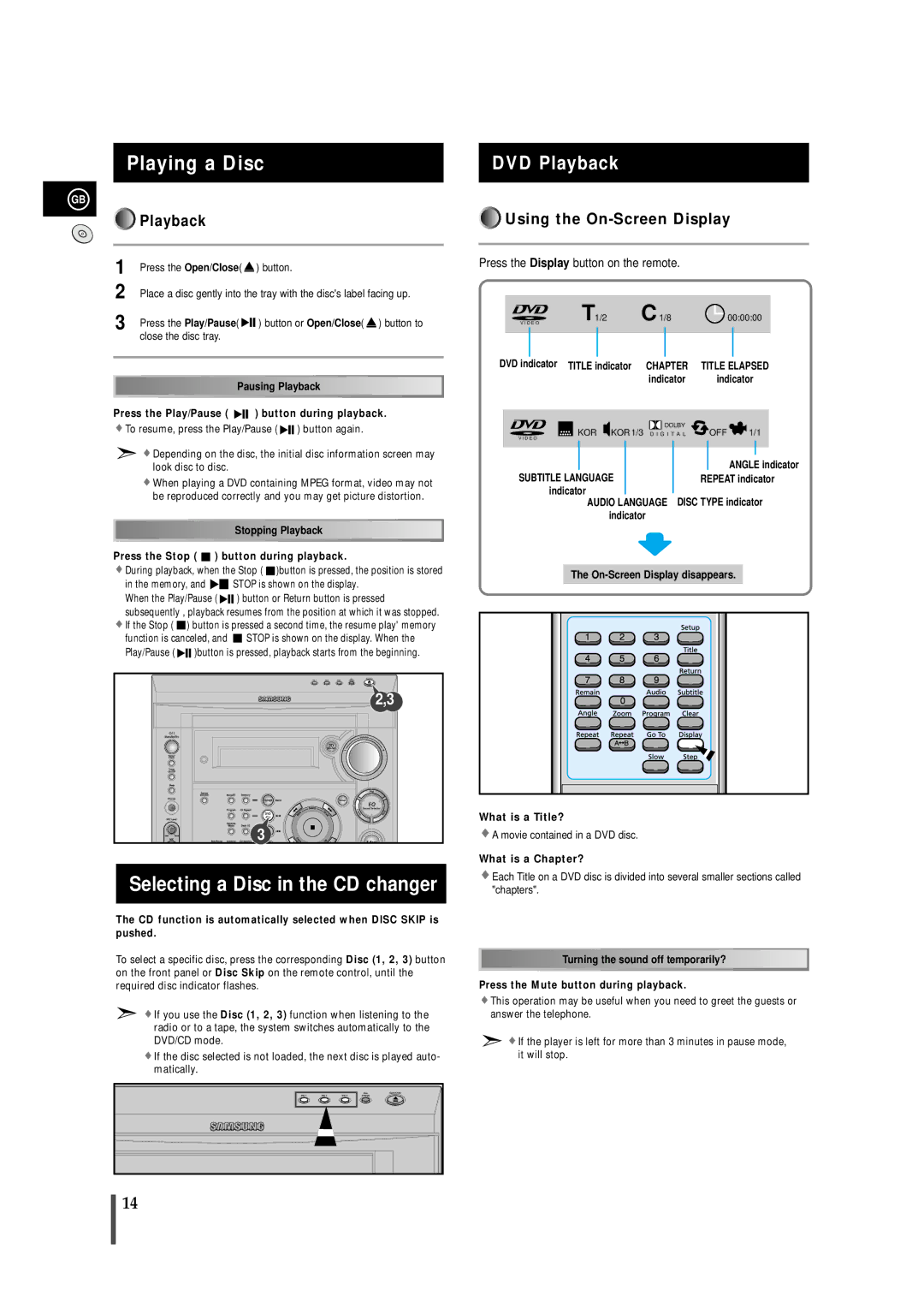 Samsung MAXDS530FH/XSG manual Playing a Disc, Selecting a Disc in the CD changer, DVD Playback, Using the On-Screen Display 