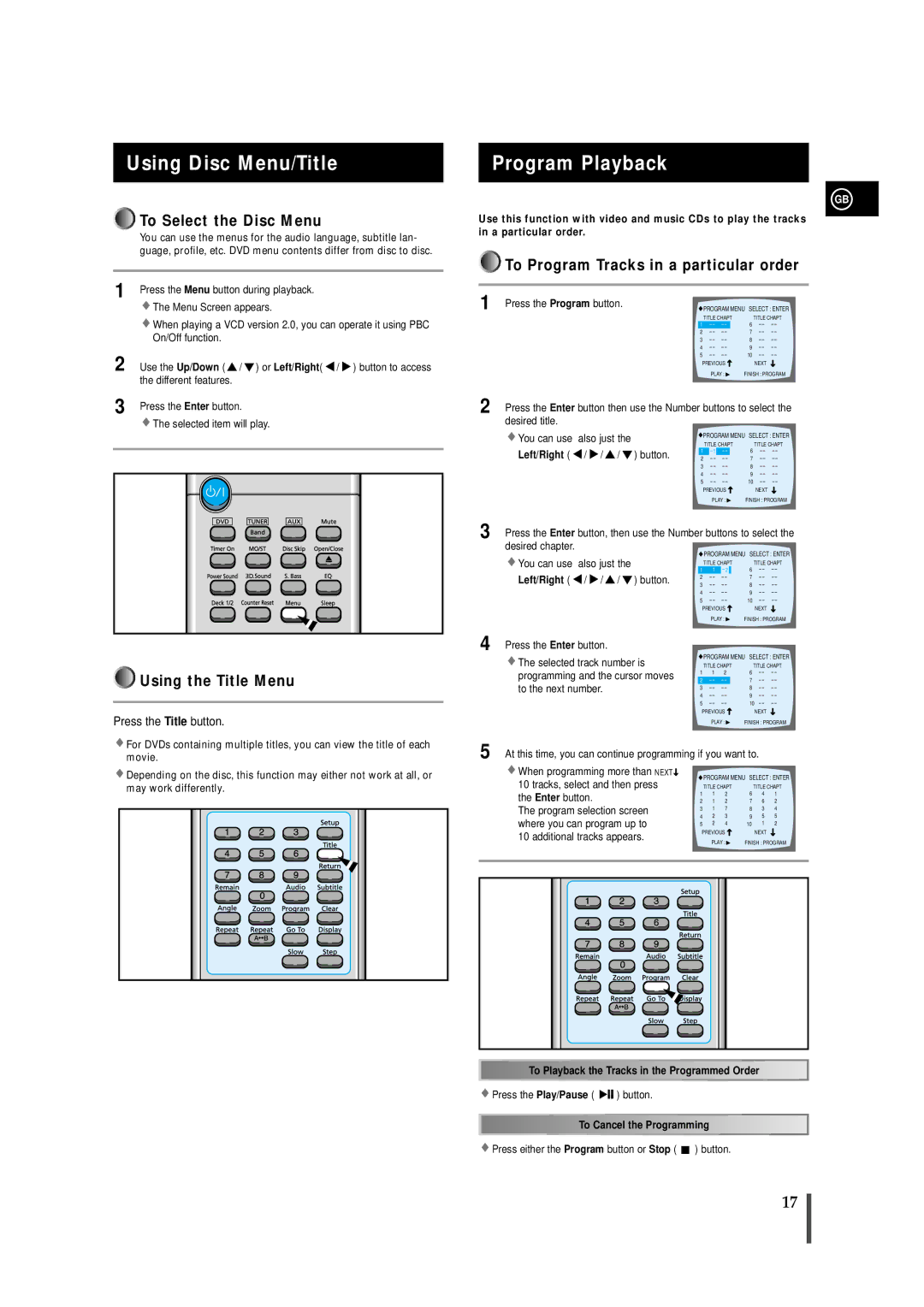 Samsung MAXDS530FH/UMG manual Using Disc Menu/Title, Program Playback, To Select the Disc Menu, Using the Title Menu 