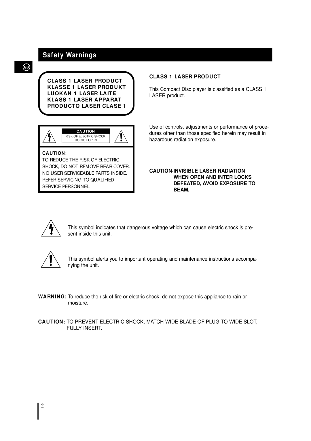 Samsung MAXDS530FH/XSG, MAXDS530FH/HAO, MAXDS530FH/UMG, MAXDS530RH/ELS manual Safety Warnings, Class 1 Laser Product 