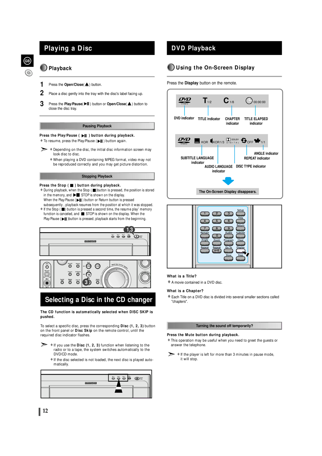 Samsung MAXDS730TH/ESN manual Playing a Disc, Selecting a Disc in the CD changer, DVD Playback, Using the On-Screen Display 