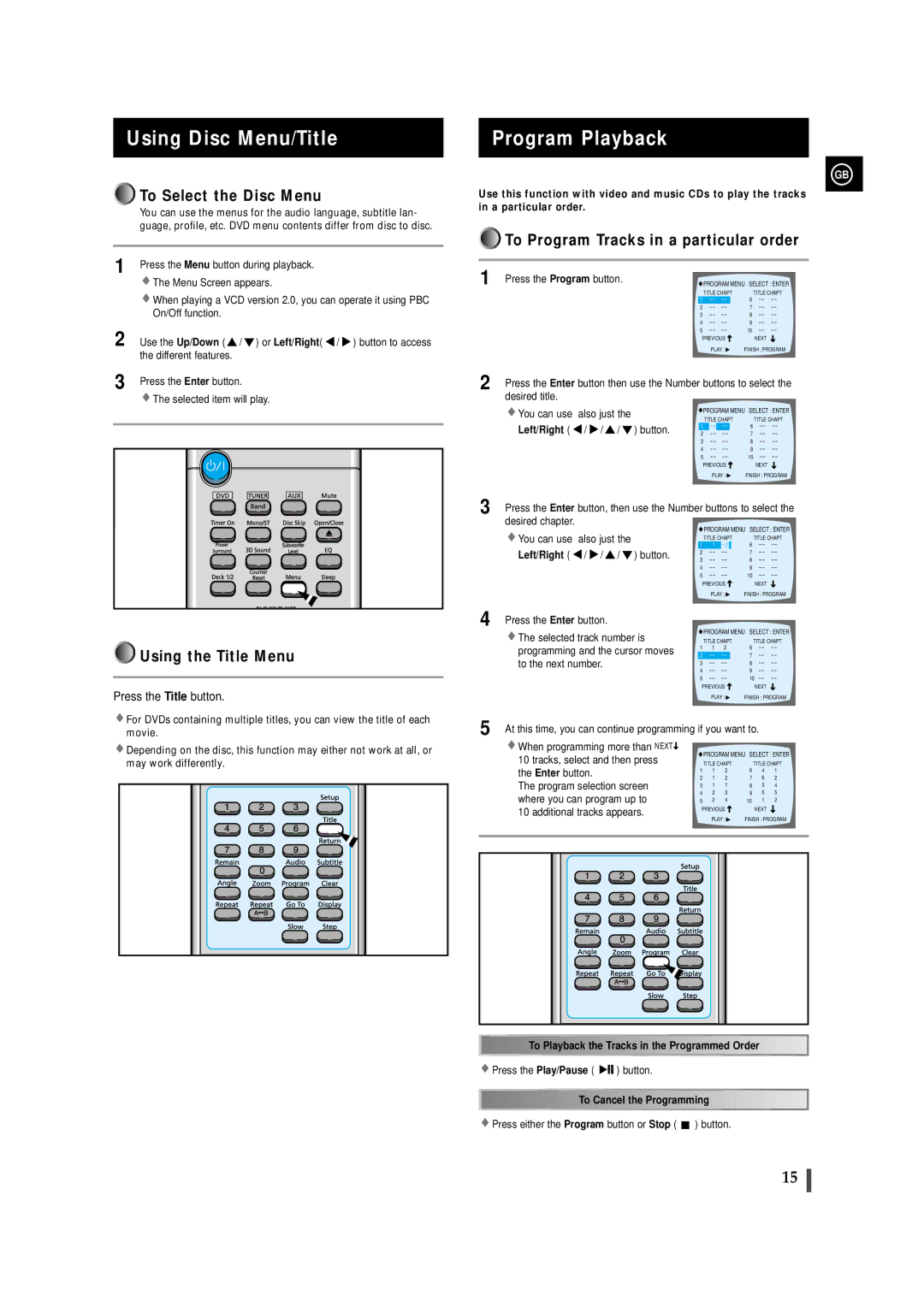 Samsung MAXDS730TH/ESN manual Using Disc Menu/Title, Program Playback, To Select the Disc Menu, Using the Title Menu 