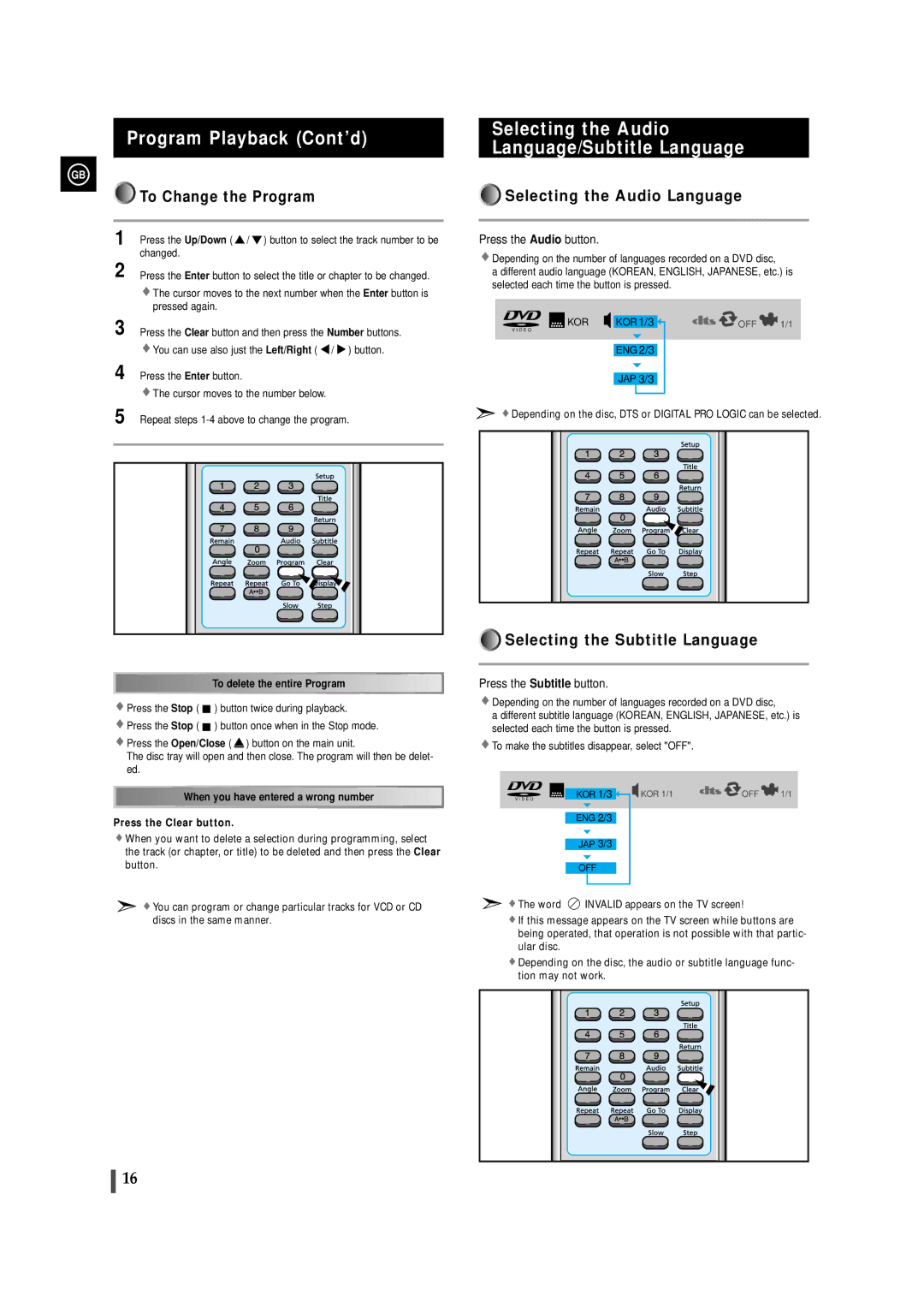 Samsung MAXDS730TH/ESN Program Playback Cont’d, Selecting the Audio Language/Subtitle Language, To Change the Program 