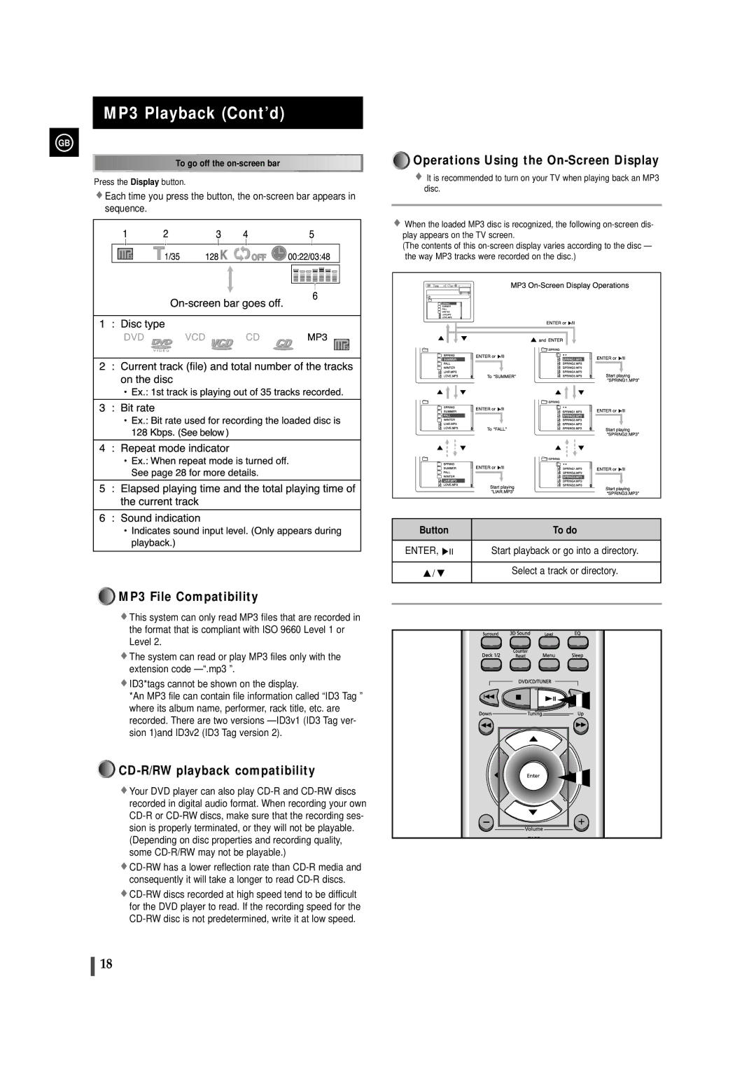 Samsung MAXDS730TH/ESN manual MP3 Playback Cont’d, MP3 File Compatibility, CD-R/RW playback compatibility 