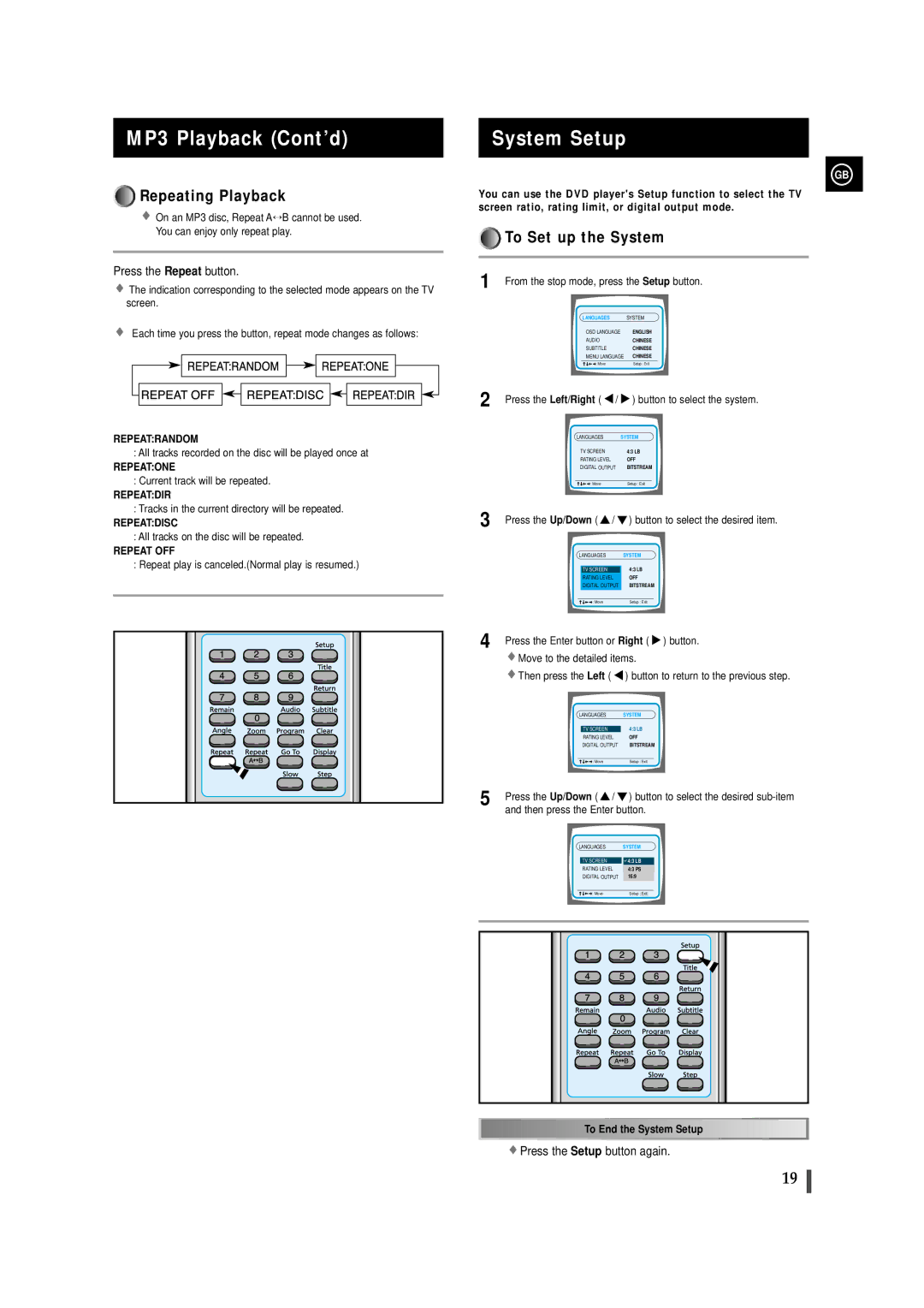 Samsung MAXDS730TH/ESN manual System Setup, Repeating Playback, To Set up the System, Press the Setup button again 