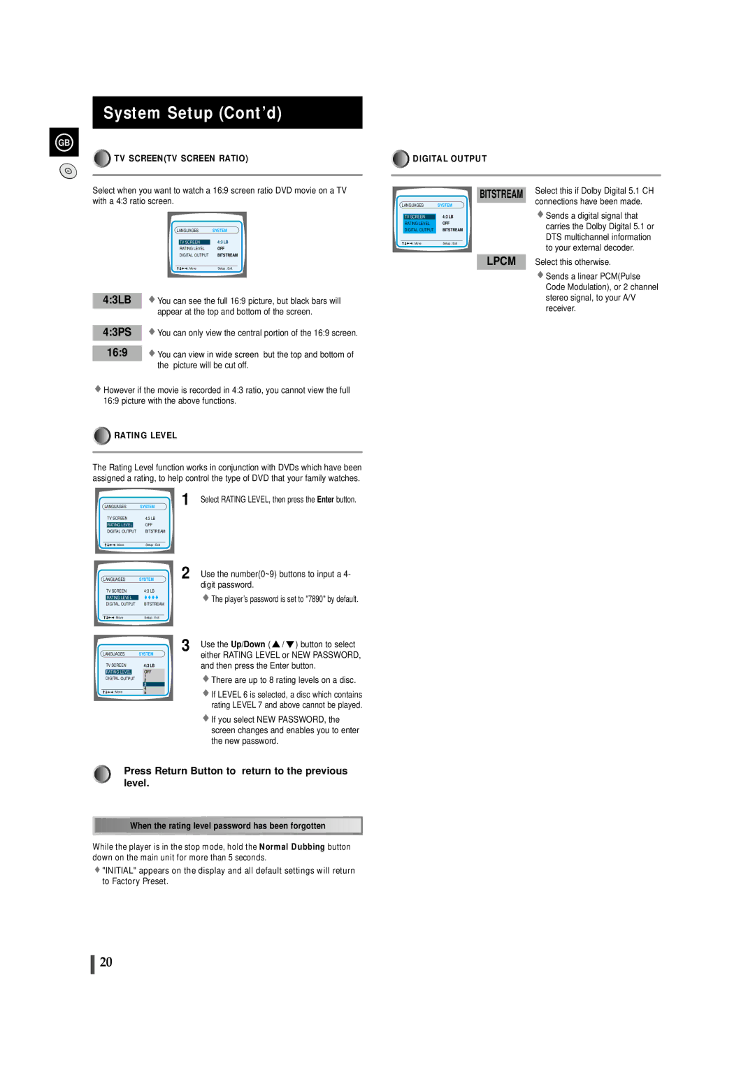 Samsung MAXDS730TH/ESN manual System Setup Cont’d, TV Screentv Screen Ratio, Rating Level, Digital Output 