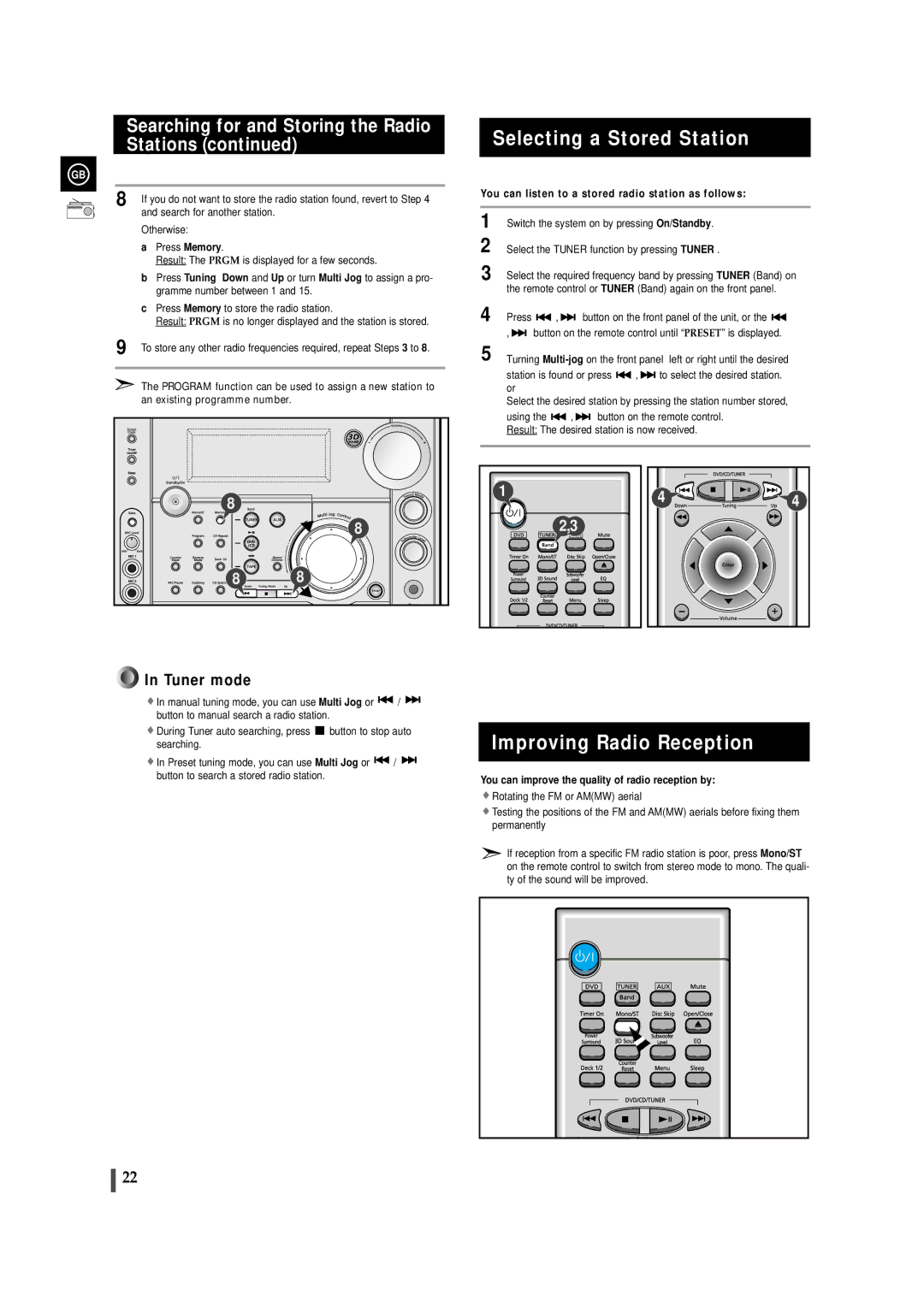 Samsung MAXDS730TH/ESN manual Selecting a Stored Station, Improving Radio Reception, Tuner mode 