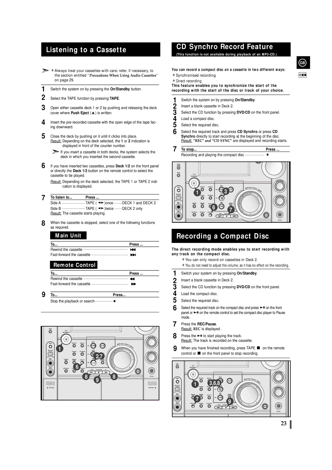 Samsung MAXDS730TH/ESN manual Listening to a Cassette, CD Synchro Record Feature, Recording a Compact Disc 