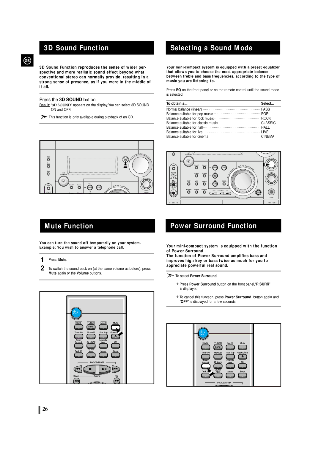 Samsung MAXDS730TH/ESN manual 3D Sound Function, Selecting a Sound Mode, Mute Function, Power Surround Function 