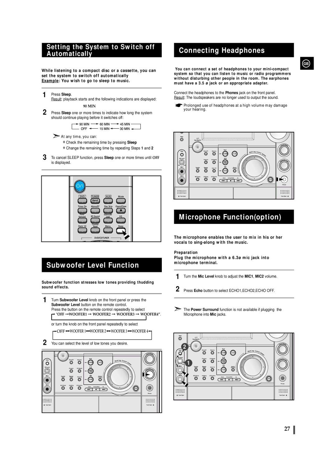 Samsung MAXDS730TH/ESN manual Subwoofer Level Function, Connecting Headphones, Microphone Functionoption 