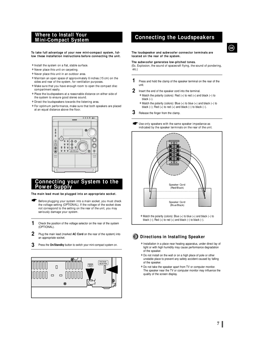 Samsung MAXDS730TH/ESN manual Connecting your System to the Power Supply, Connecting the Loudspeakers 