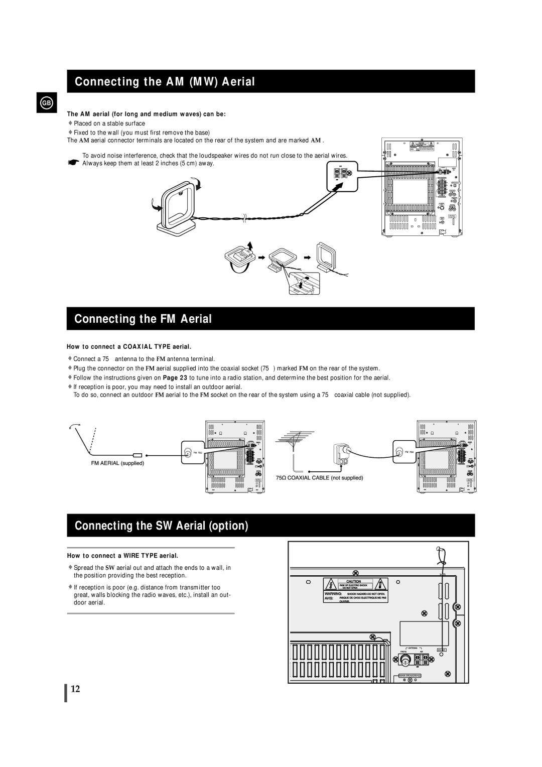 Samsung MAXDS750FH/UMG manual Connecting the AM MW Aerial, Connecting the FM Aerial, Connecting the SW Aerial option 