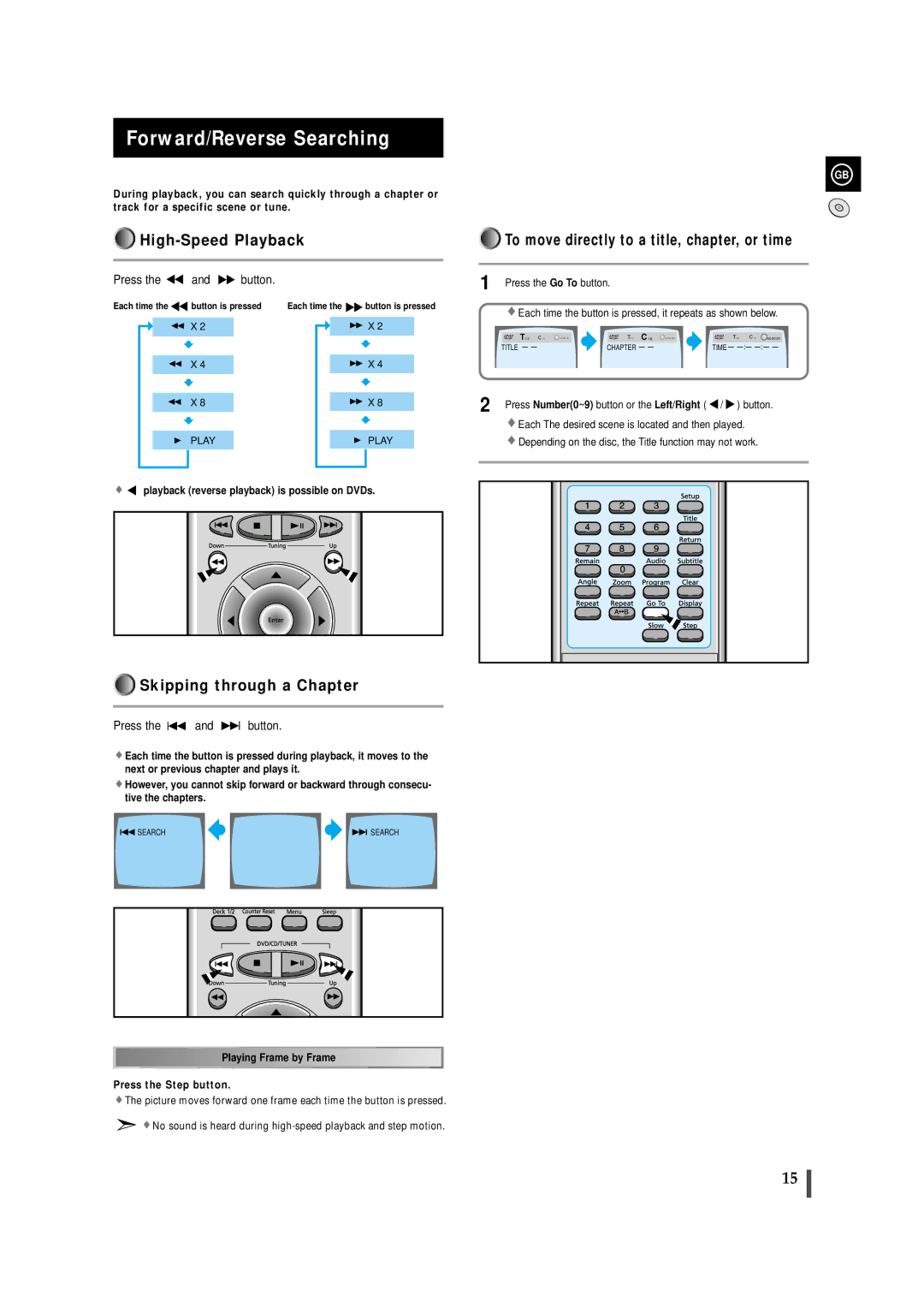 Samsung MAXDS750FH/HAO Forward/Reverse Searching, High-Speed Playback, Skipping through a Chapter, Press the and button 