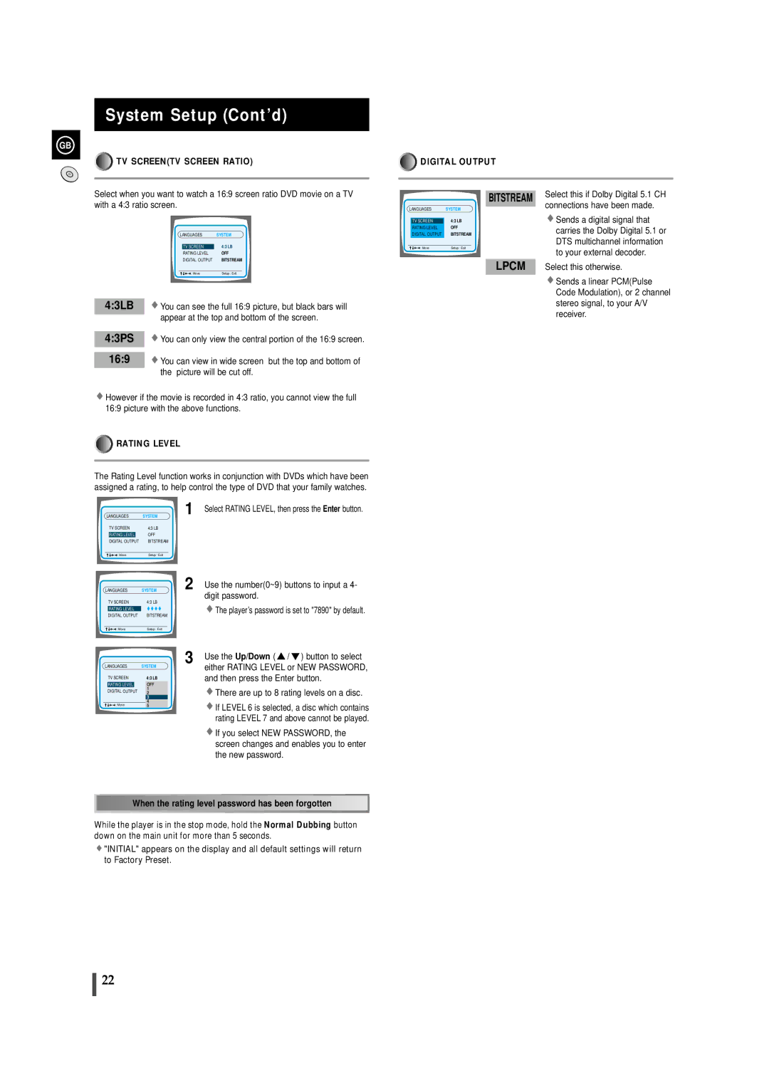 Samsung MAXDS750FH/XSG, MAXDS750FH/UMG manual System Setup Cont’d, TV Screentv Screen Ratio, Rating Level, Digital Output 