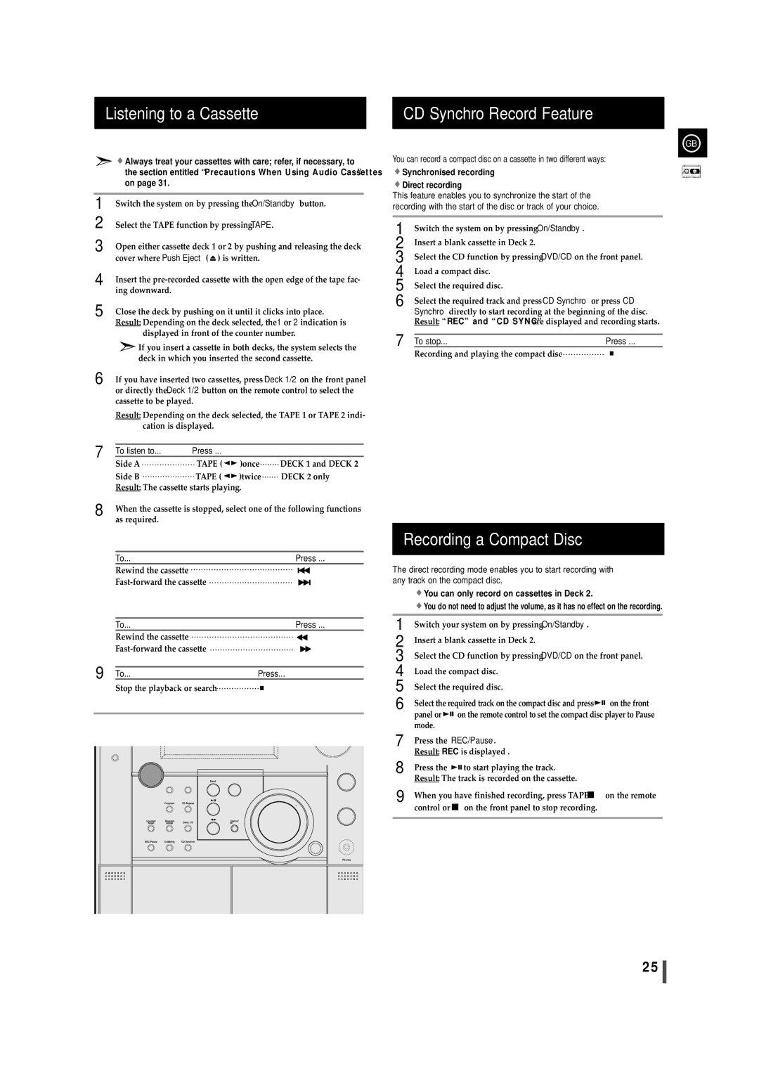 Samsung MAX-DS750F/HRT, MAXDS750FH/UMG manual Listening to a Cassette, CD Synchro Record Feature, Recording a Compact Disc 