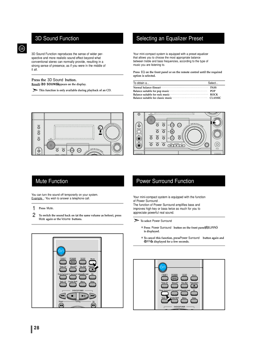 Samsung MAXDS750FH/UMG manual 3D Sound Function, Mute Function, Selecting an Equalizer Preset, Power Surround Function 