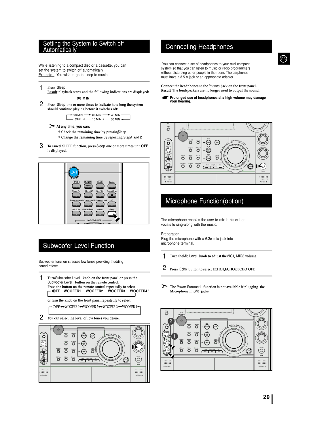 Samsung MAX-DS750F/HRT, MAXDS750FH/UMG manual Subwoofer Level Function, Connecting Headphones, Microphone Functionoption 