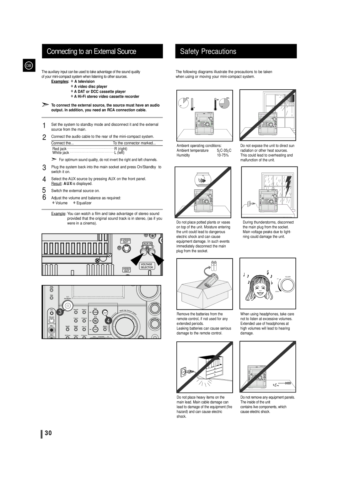 Samsung MAXDS750FH/XSG, MAXDS750FH/UMG, MAX-DS750F/HRT, MAXDS750FH/HAO Connecting to an External Source Safety Precautions 