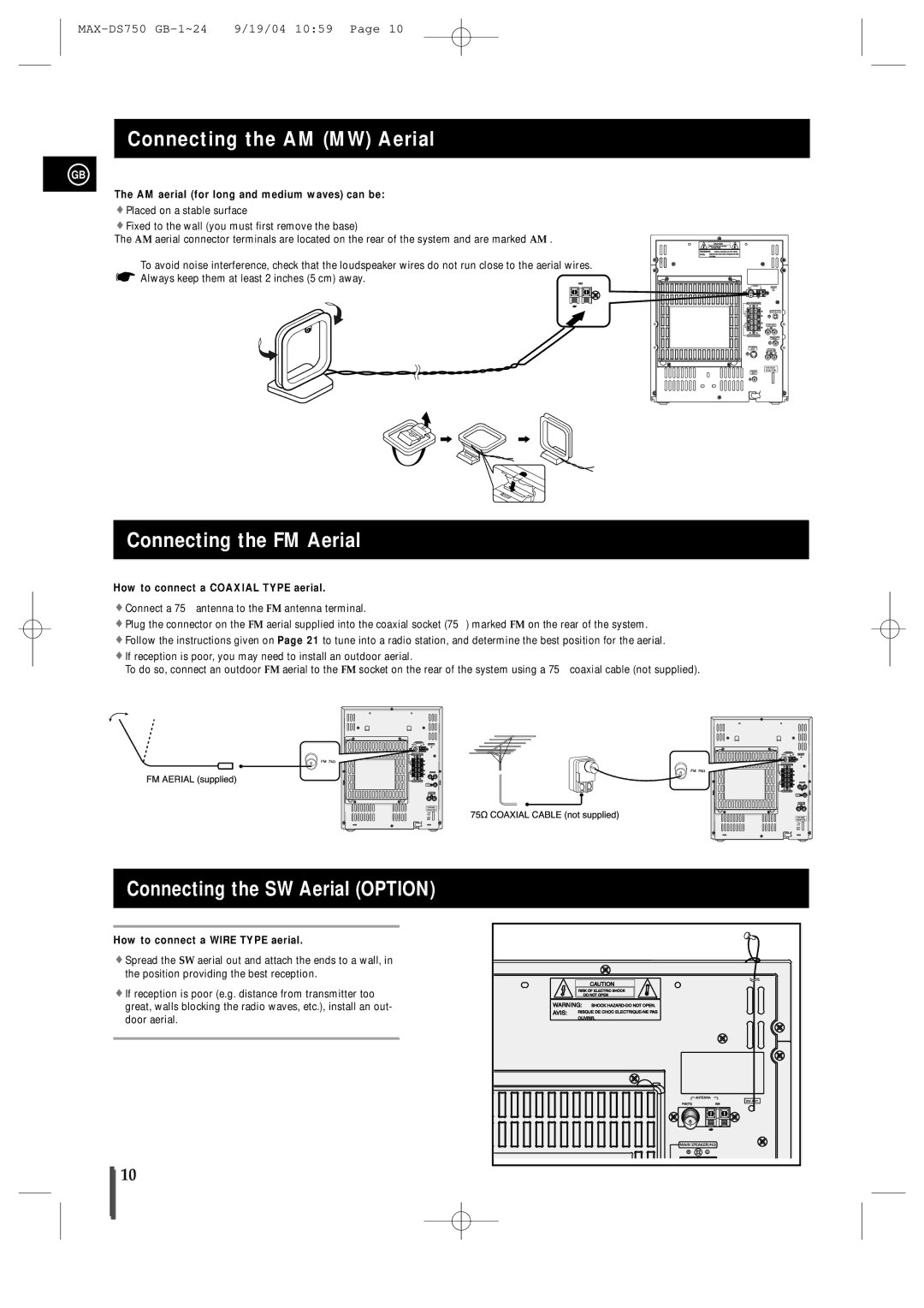 Samsung MAXDS750TH/ESN manual Connecting the AM MW Aerial, Connecting the FM Aerial, Connecting the SW Aerial Option 