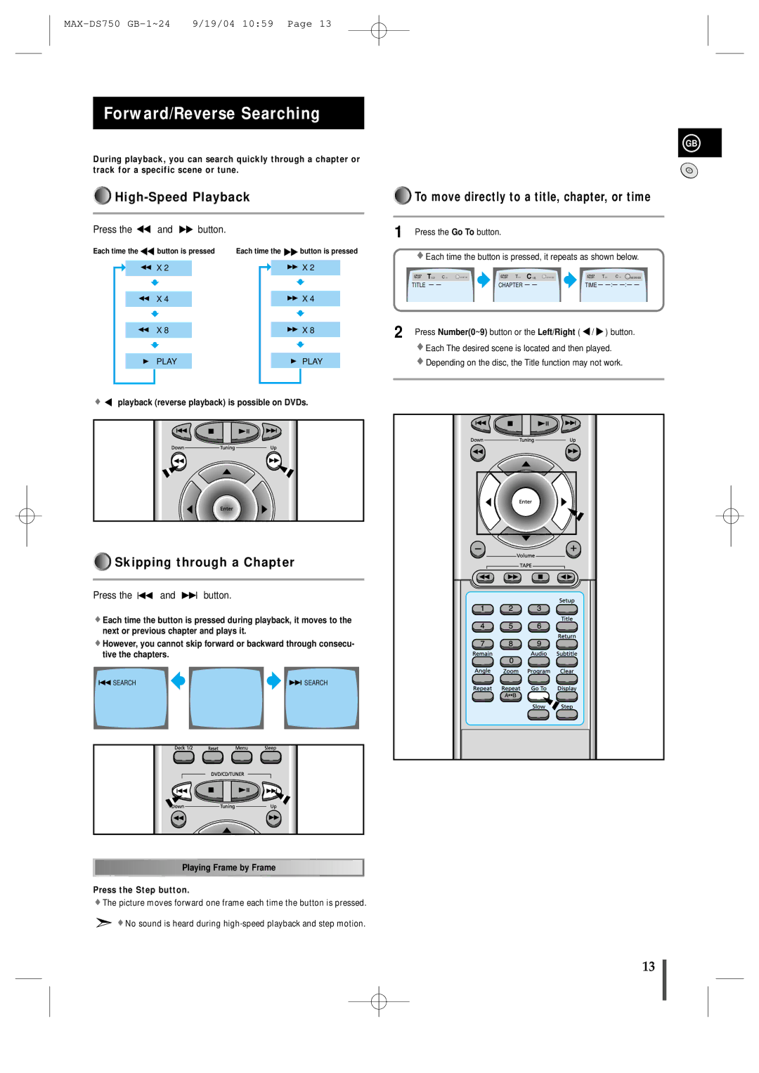 Samsung MAXDS750TH/ESN Forward/Reverse Searching, High-Speed Playback, Skipping through a Chapter, Press the and button 