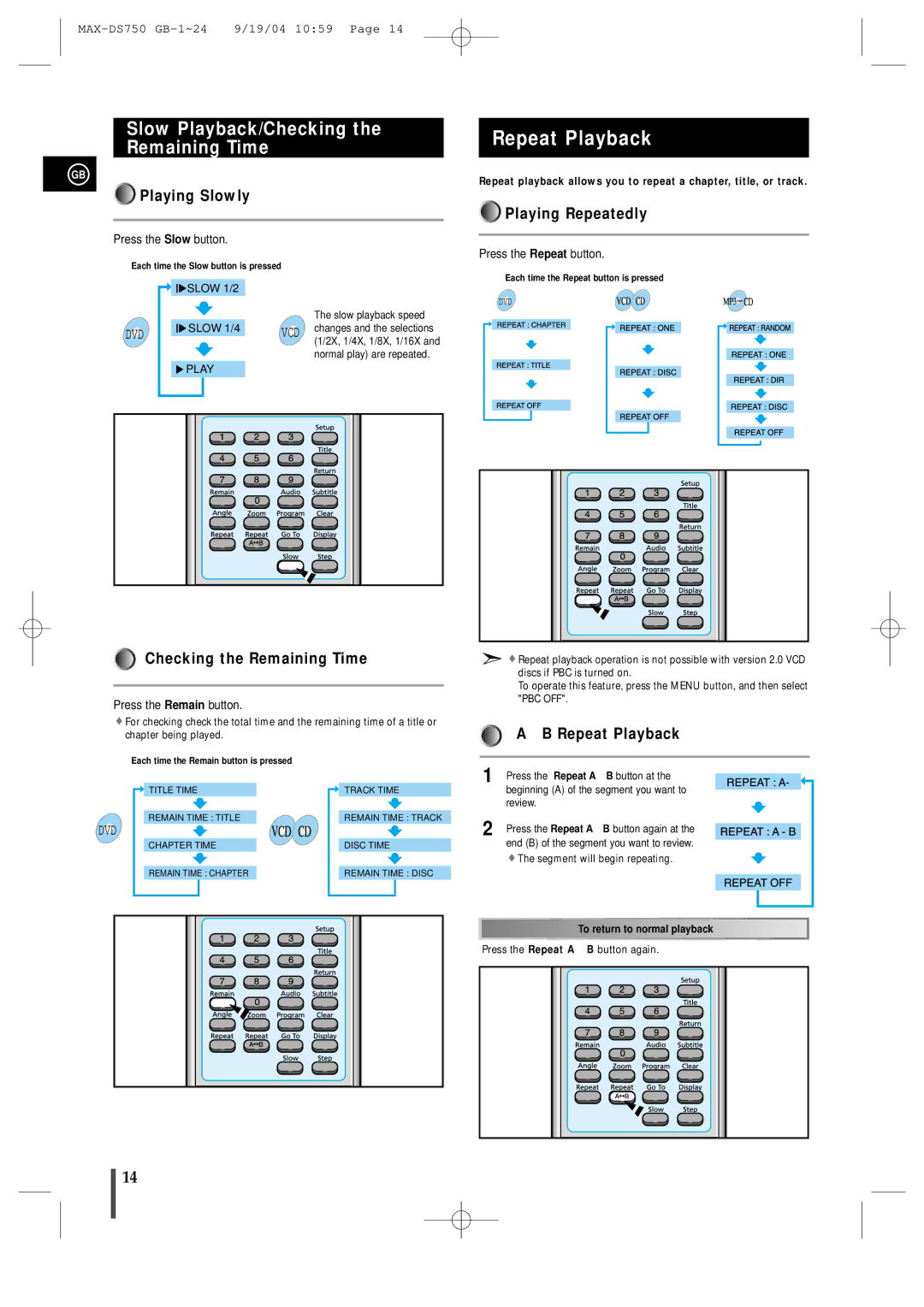 Samsung MAXDS750TH/ESN manual Repeat Playback, Slow Playback/Checking Remaining Time 