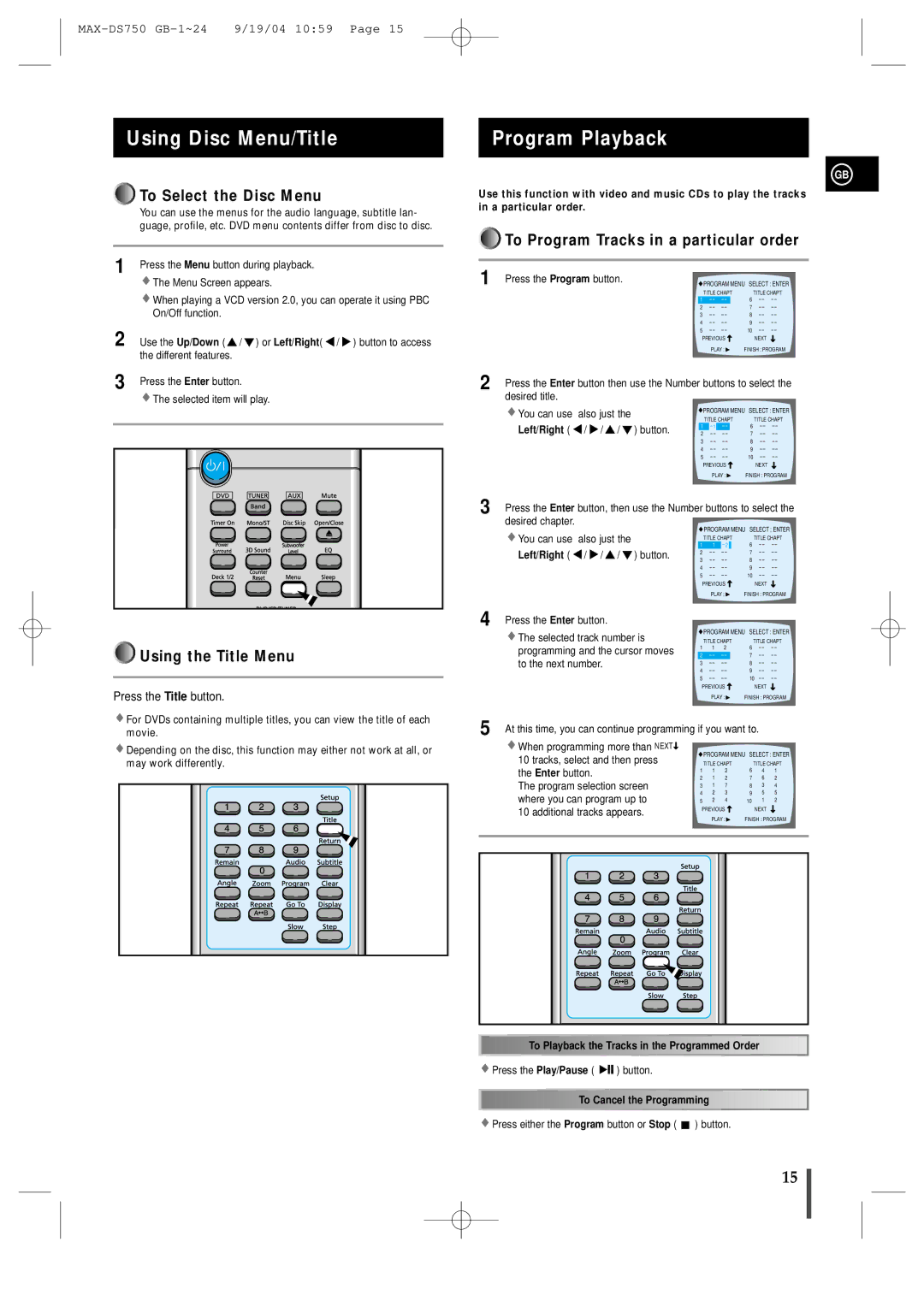 Samsung MAXDS750TH/ESN manual Using Disc Menu/Title, Program Playback, To Select the Disc Menu, Using the Title Menu 