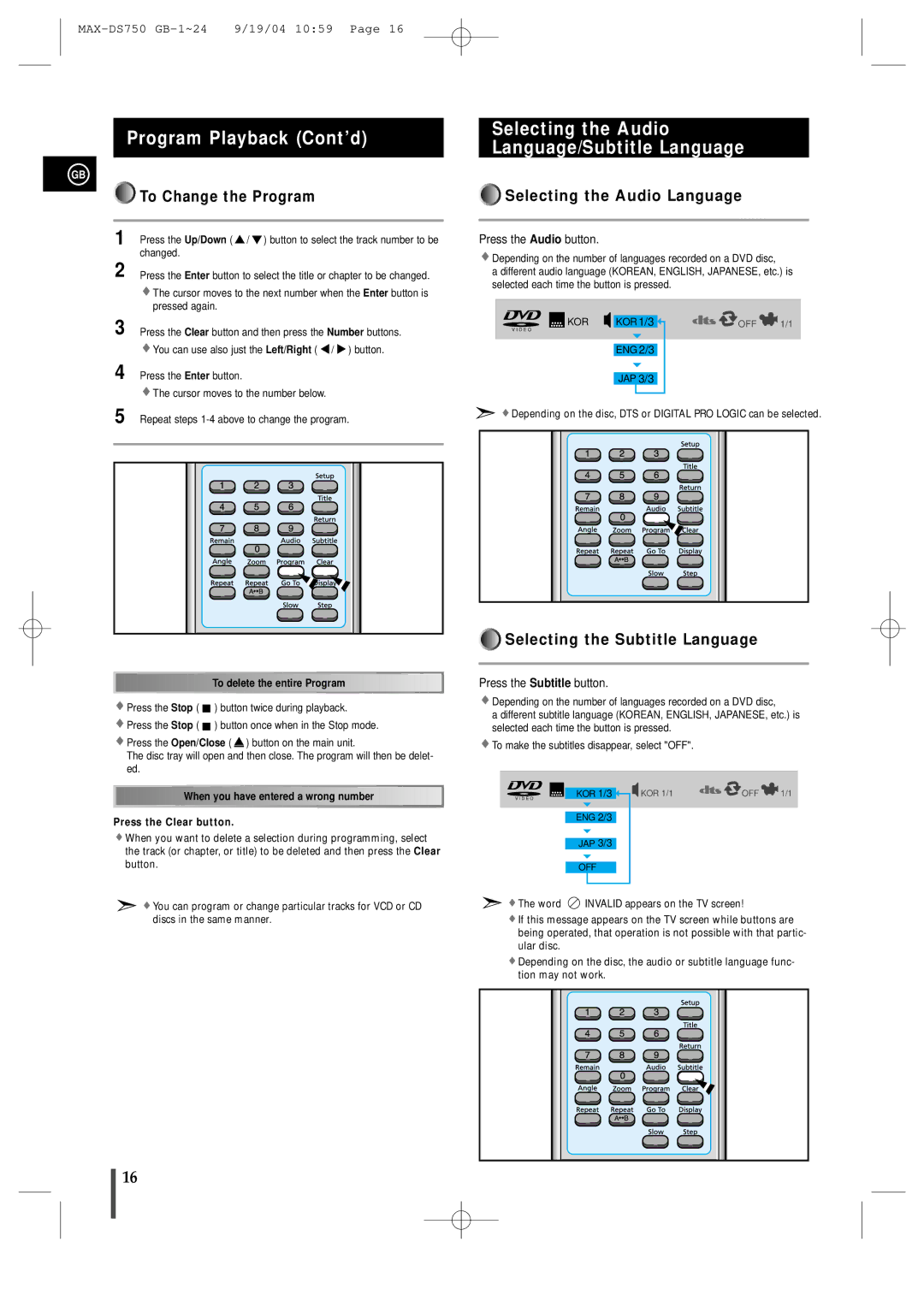 Samsung MAXDS750TH/ESN Program Playback Cont’d, Selecting the Audio Language/Subtitle Language, To Change the Program 