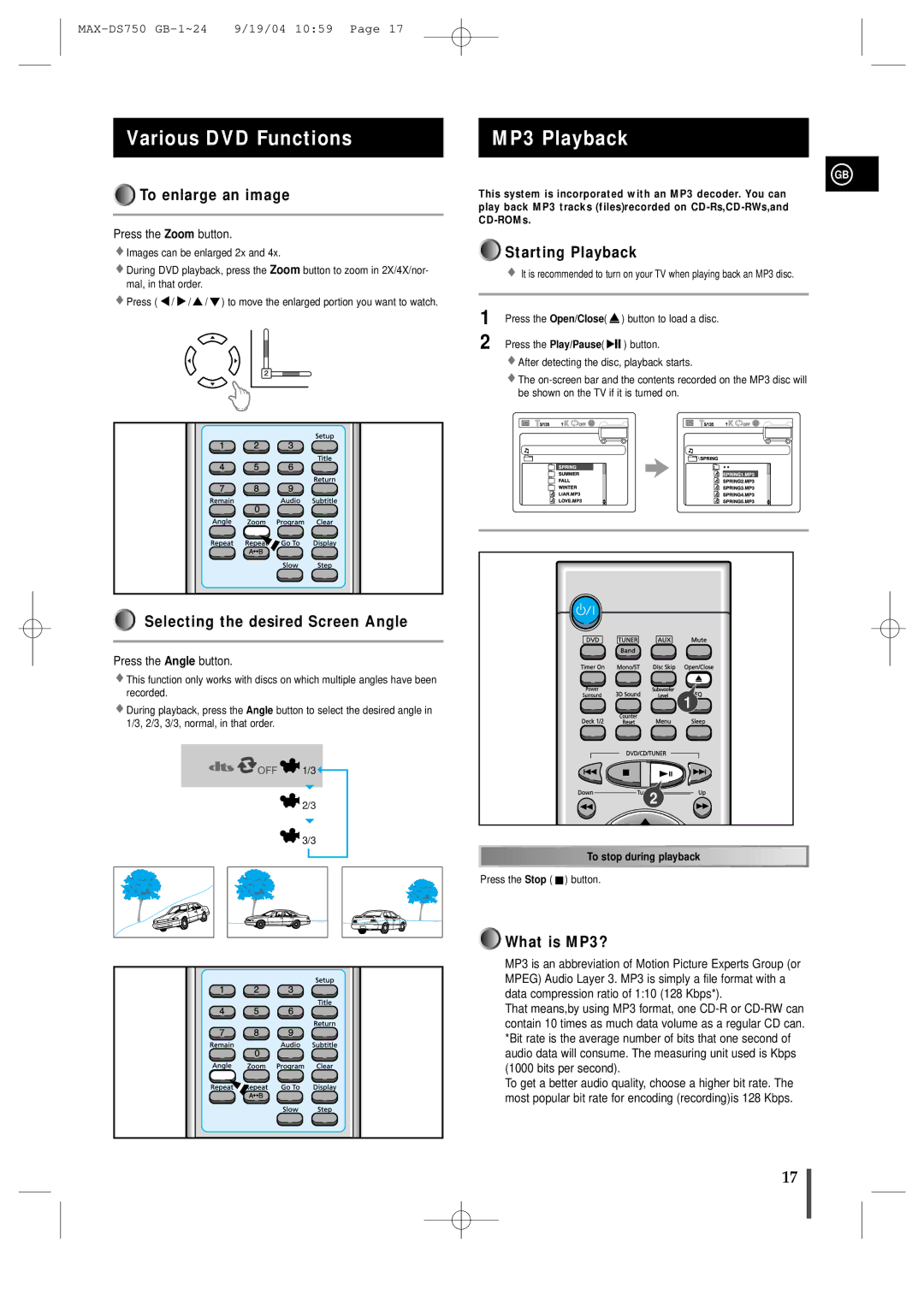 Samsung MAXDS750TH/ESN manual Various DVD Functions, MP3 Playback 