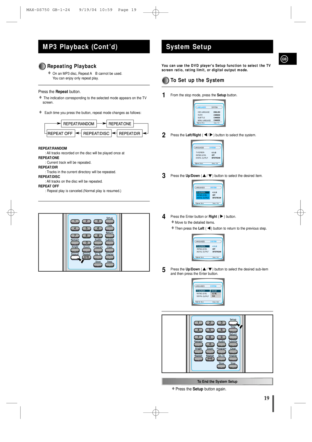 Samsung MAXDS750TH/ESN manual System Setup, Repeating Playback, To Set up the System, Press the Setup button again 