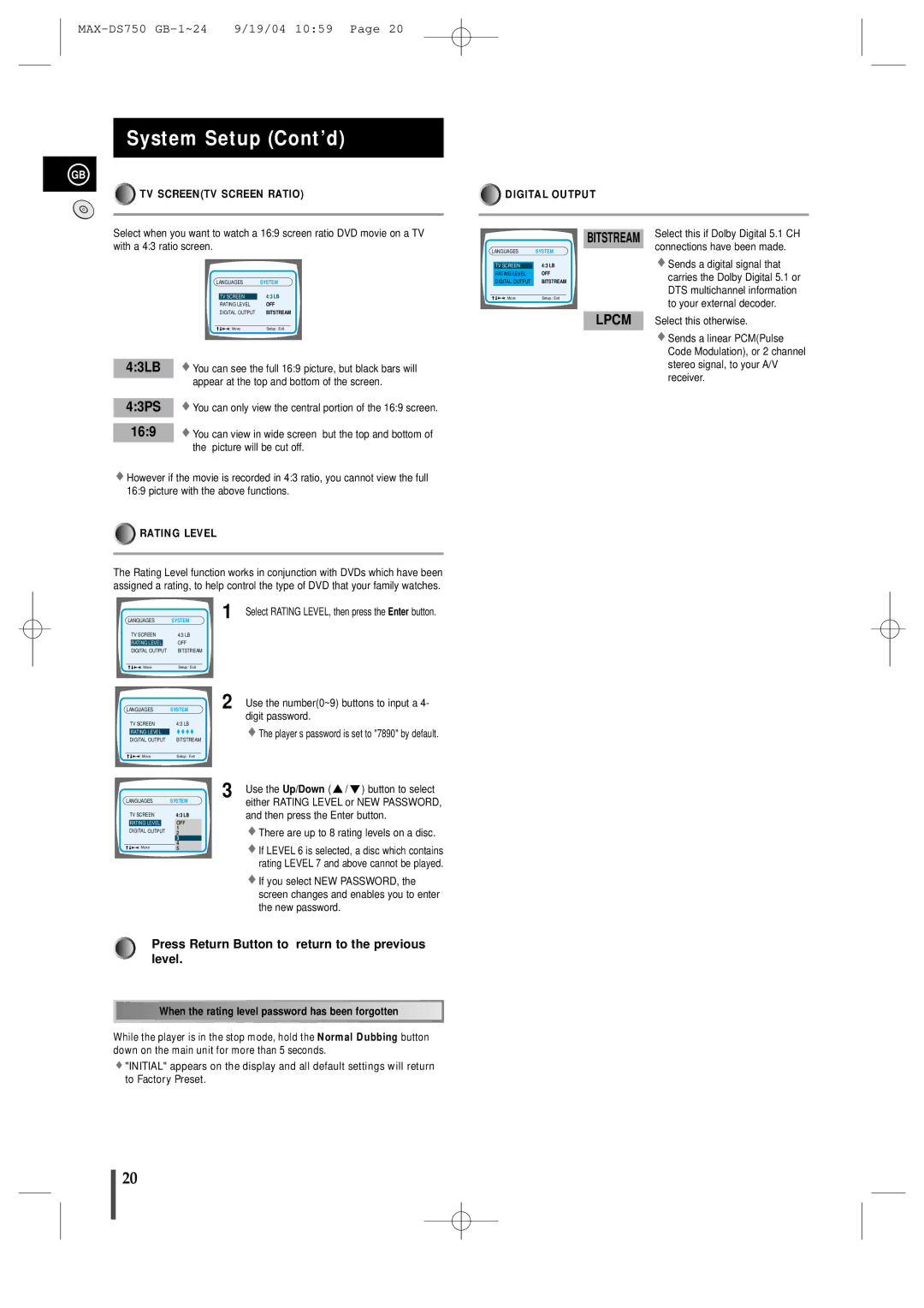 Samsung MAXDS750TH/ESN manual System Setup Cont’d, TV Screentv Screen Ratio, Rating Level, Digital Output 