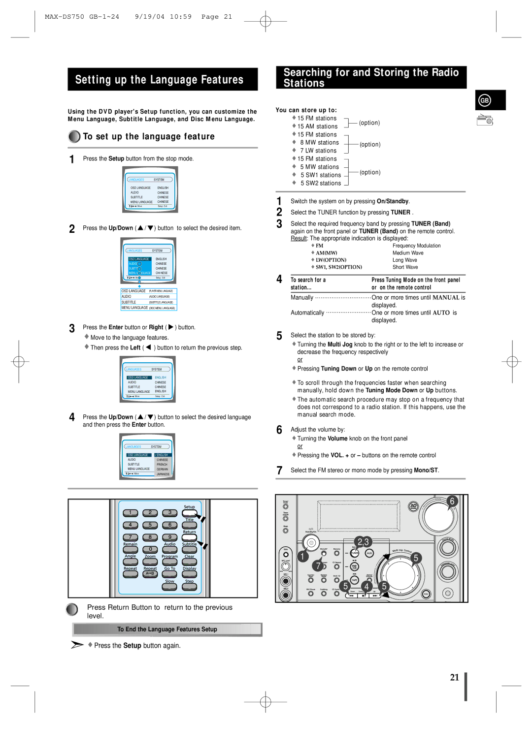 Samsung MAXDS750TH/ESN manual Setting up the Language Features, Searching for and Storing the Radio Stations 