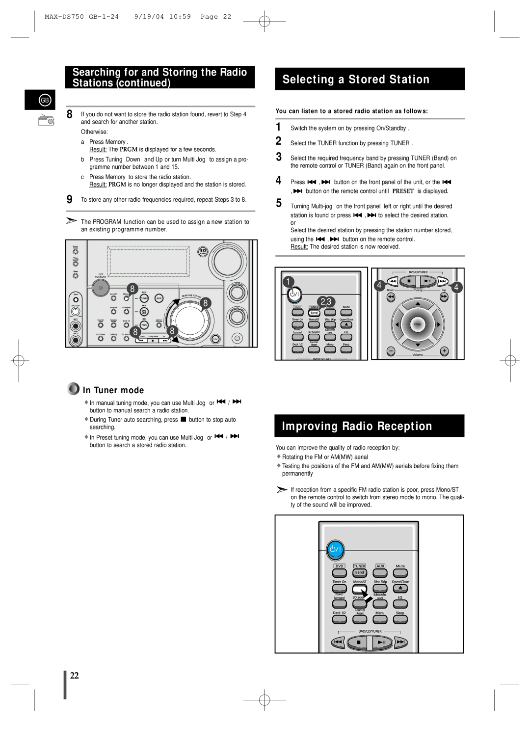 Samsung MAXDS750TH/ESN manual Selecting a Stored Station, Improving Radio Reception, Tuner mode 